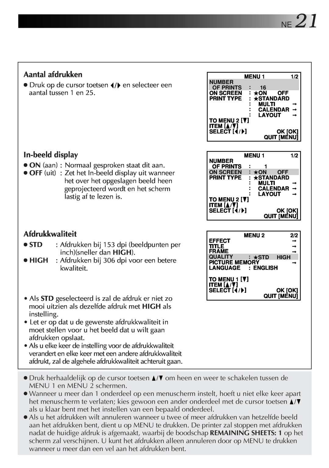 JVC GV-DT3 manual Aantal afdrukken, In-beeld display, Afdrukkwaliteit 
