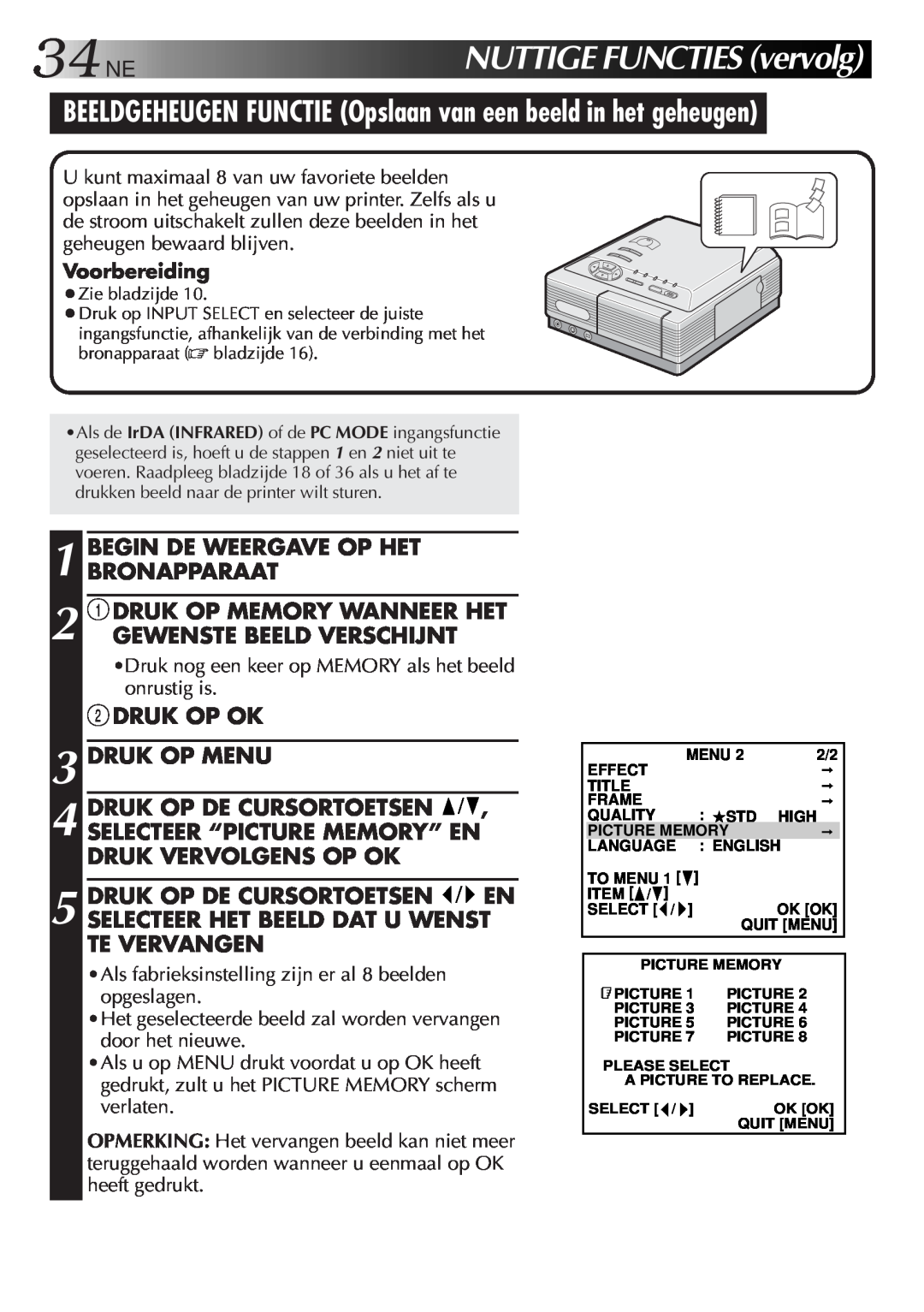 JVC GV-DT3 manual 34NENUTTIGEFUNCTIESvervolg, BEELDGEHEUGEN FUNCTIE Opslaan van een beeld in het geheugen 