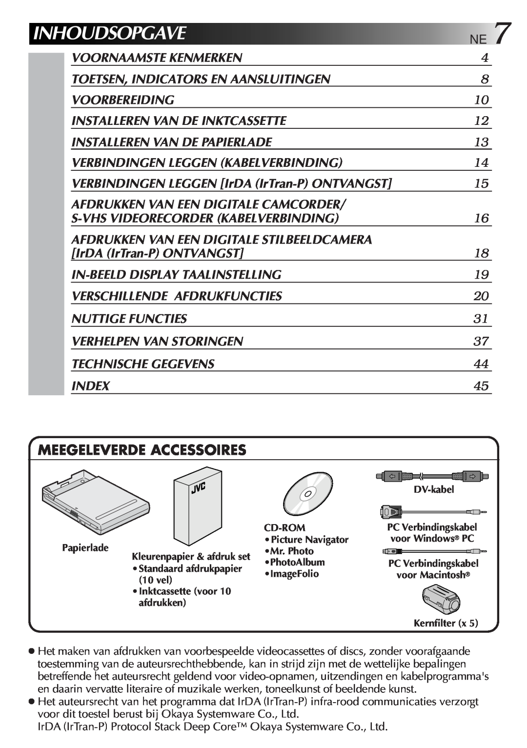JVC GV-DT3 manual Inhoudsopgave, Meegeleverde Accessoires 