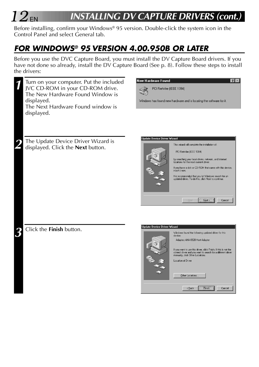 JVC GV-DV1000 manual 12 EN, For Windows 95 Version 4.00.950B or Later 