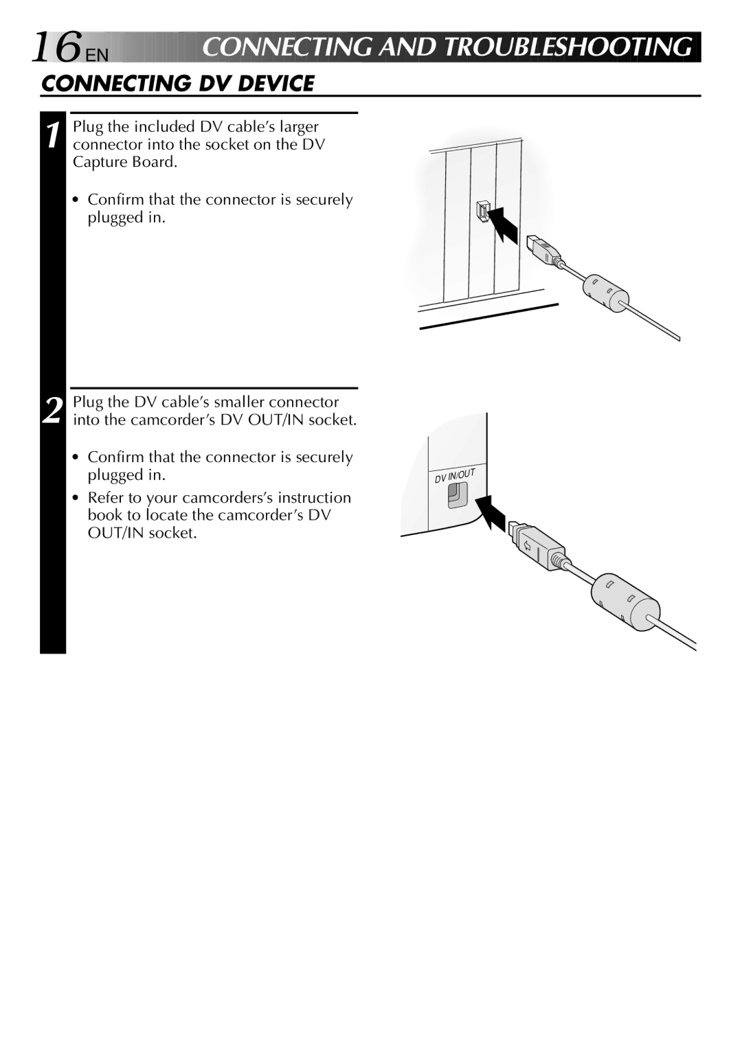 JVC GV-DV1000 manual 16 EN, Connecting a N D Troub Leshooting, Connecting DV Device 