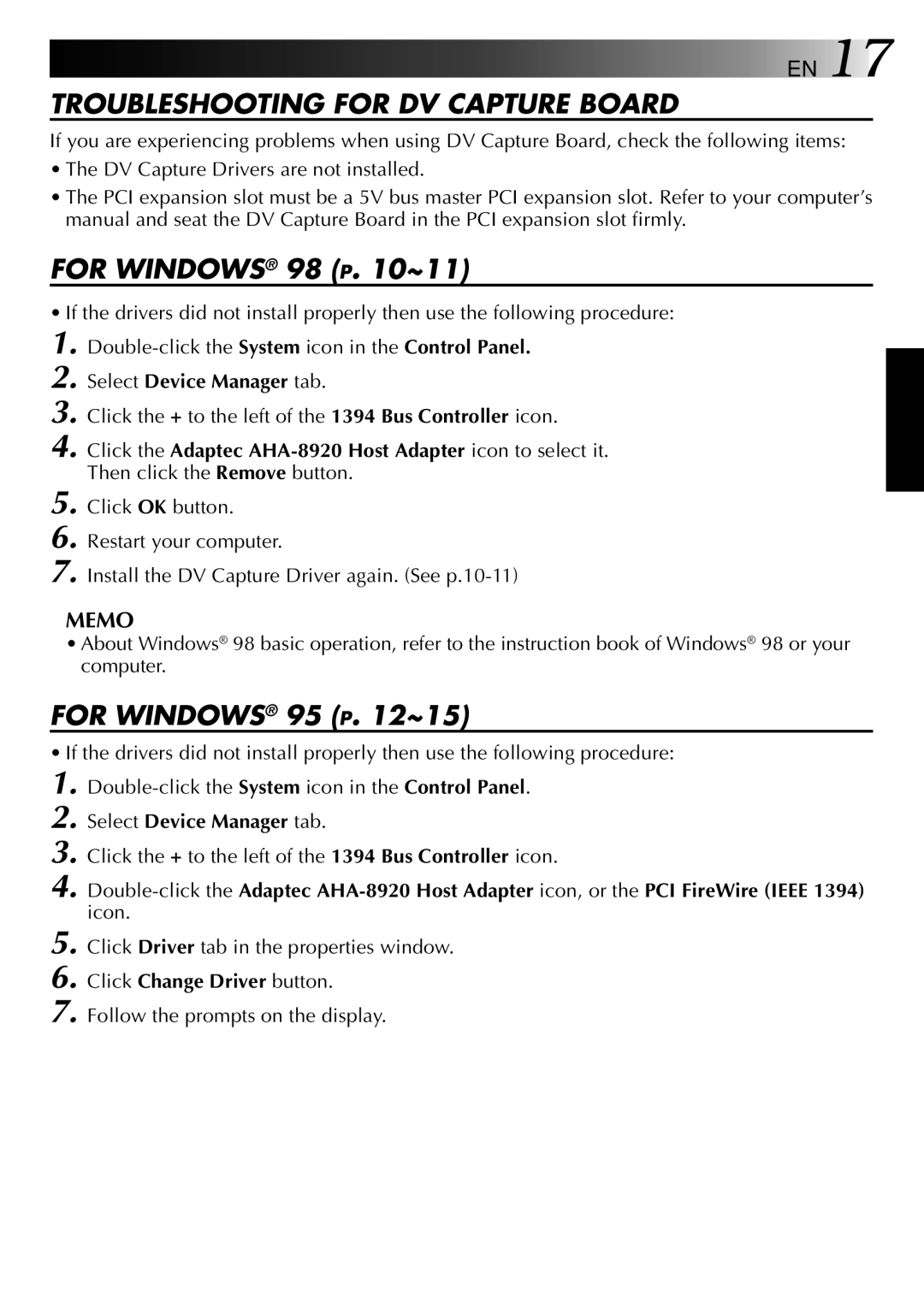 JVC GV-DV1000 manual Troubleshooting for DV Capture Board, For Windows 98 P ~11 