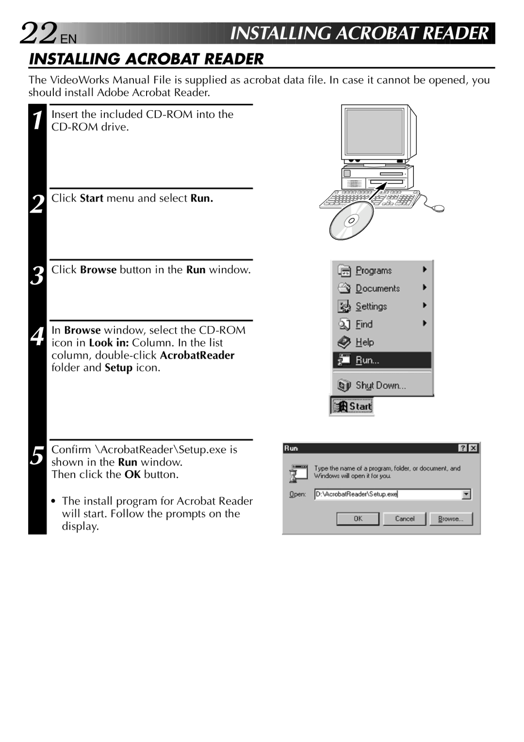 JVC GV-DV1000 manual 22 EN, Installing Acrob AT Reader 