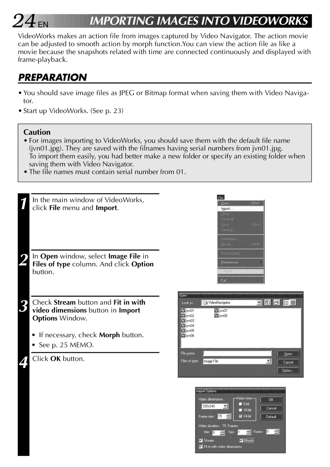 JVC GV-DV1000 manual 24 EN, Importing IM Ages Into Videoworks 