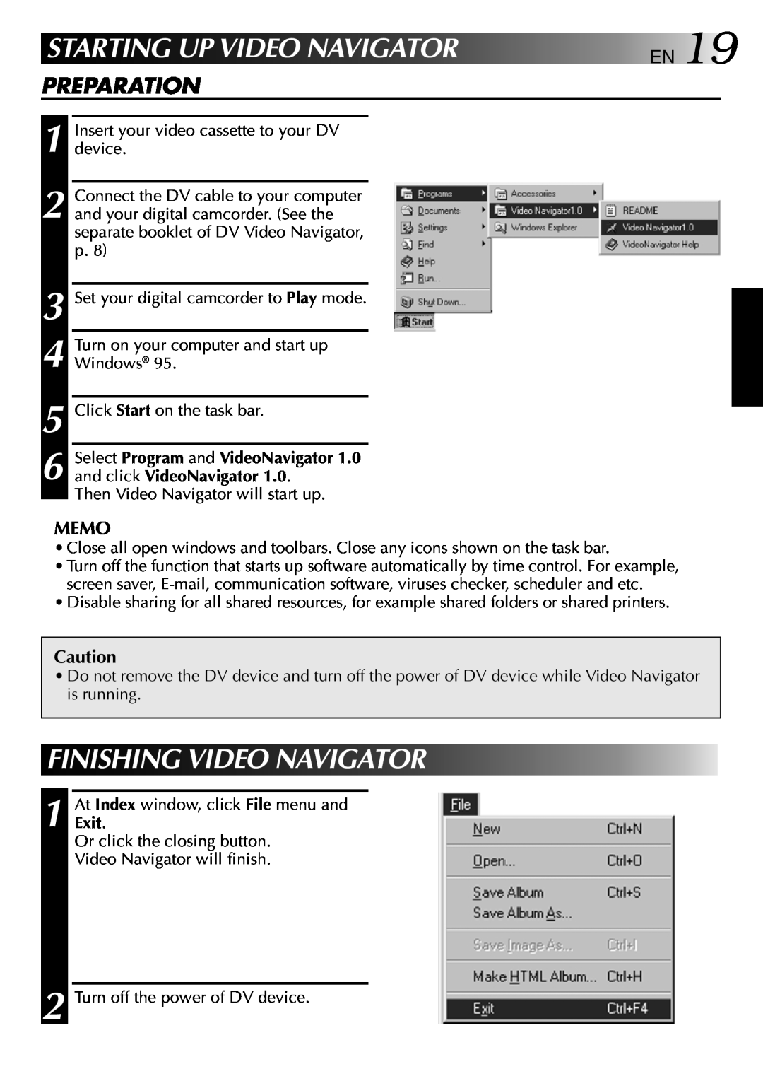 JVC GV-DV1000 manual Starting Up Video Navigator, Finishing Video Navigator, Memo 
