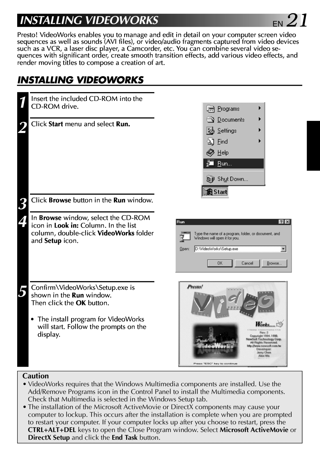JVC GV-DV1000 manual Installing Videoworks En 