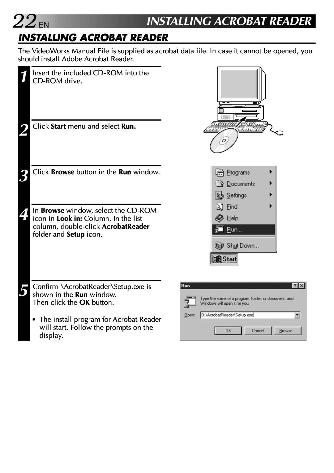 JVC GV-DV1000 manual 22EN, Installing Acrobat Reader 