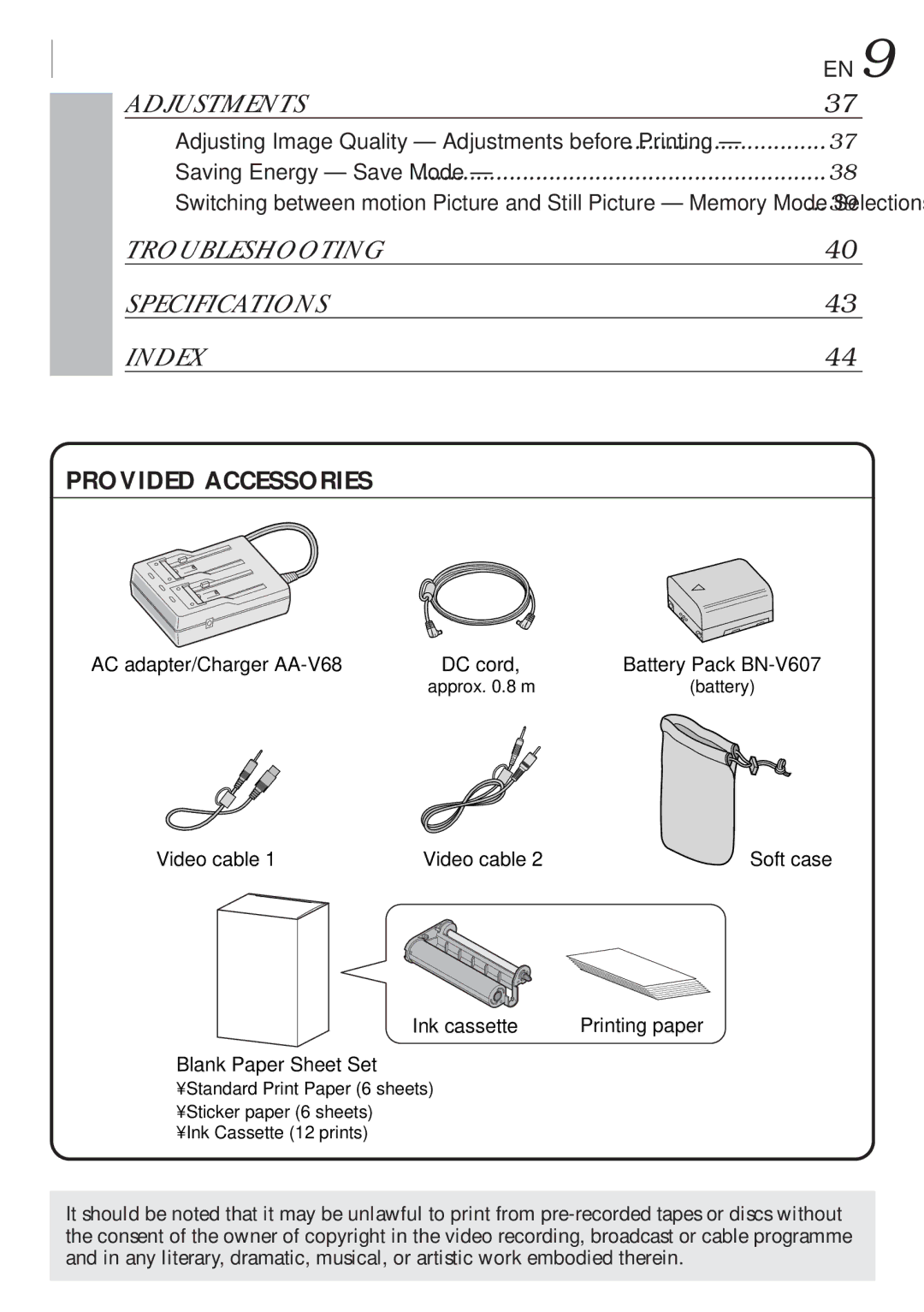 JVC GV-HT1 manual DC cord, Ink cassette, Blank Paper Sheet Set 