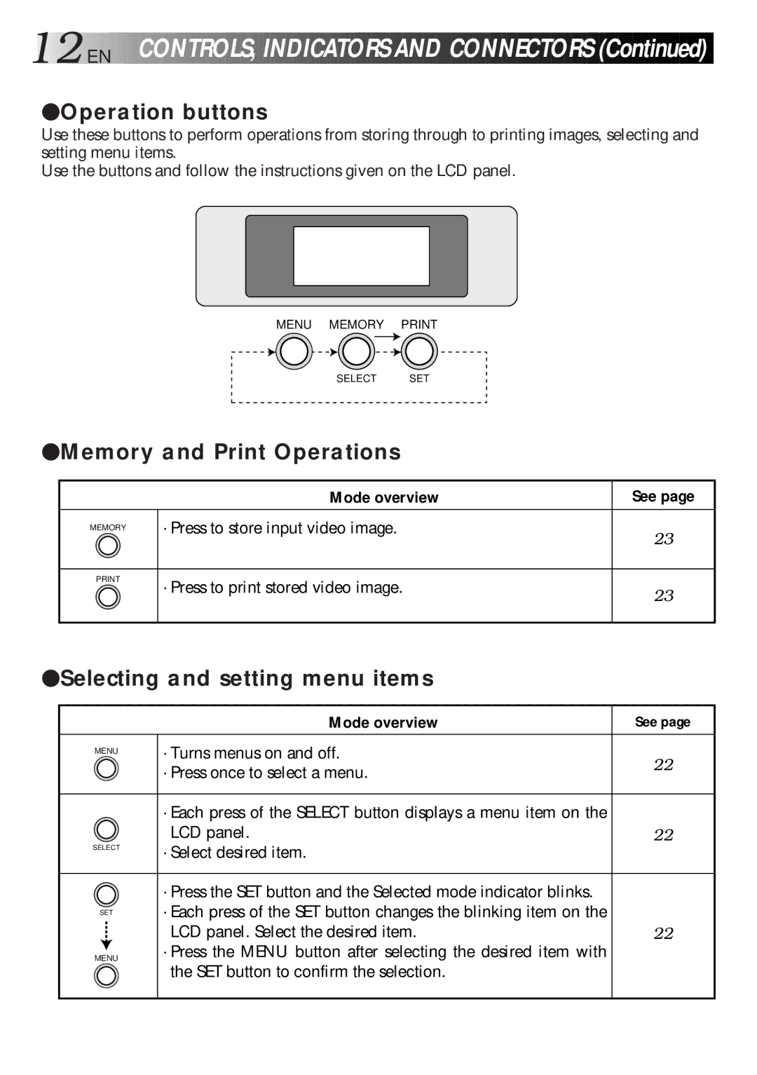 JVC GV-HT1 manual 12 EN, Operation buttons, Memory and Print Operations, Selecting and setting menu items 