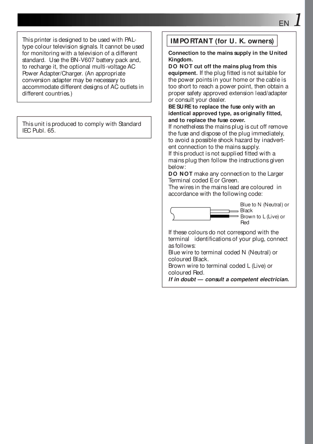 JVC GV-HT1 manual Important for U. K. owners 