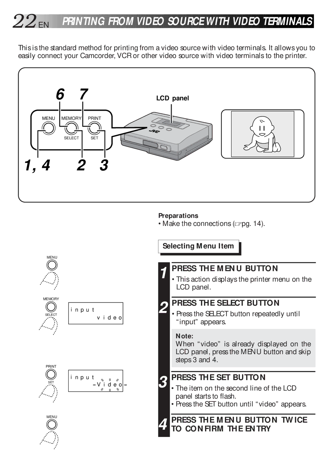 JVC GV-HT1 manual 22 EN, Press the SET Button, Press the Menu Button Twice to Confirm the Entry, LCD panel Preparations 