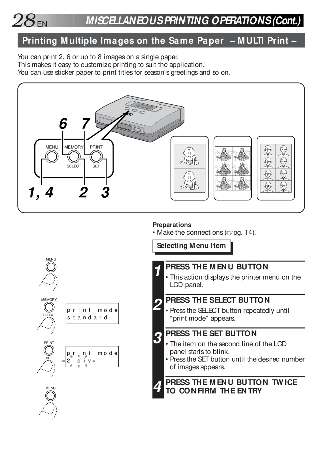 JVC GV-HT1 manual 28 EN, Printing Multiple Images on the Same Paper Multi Print 