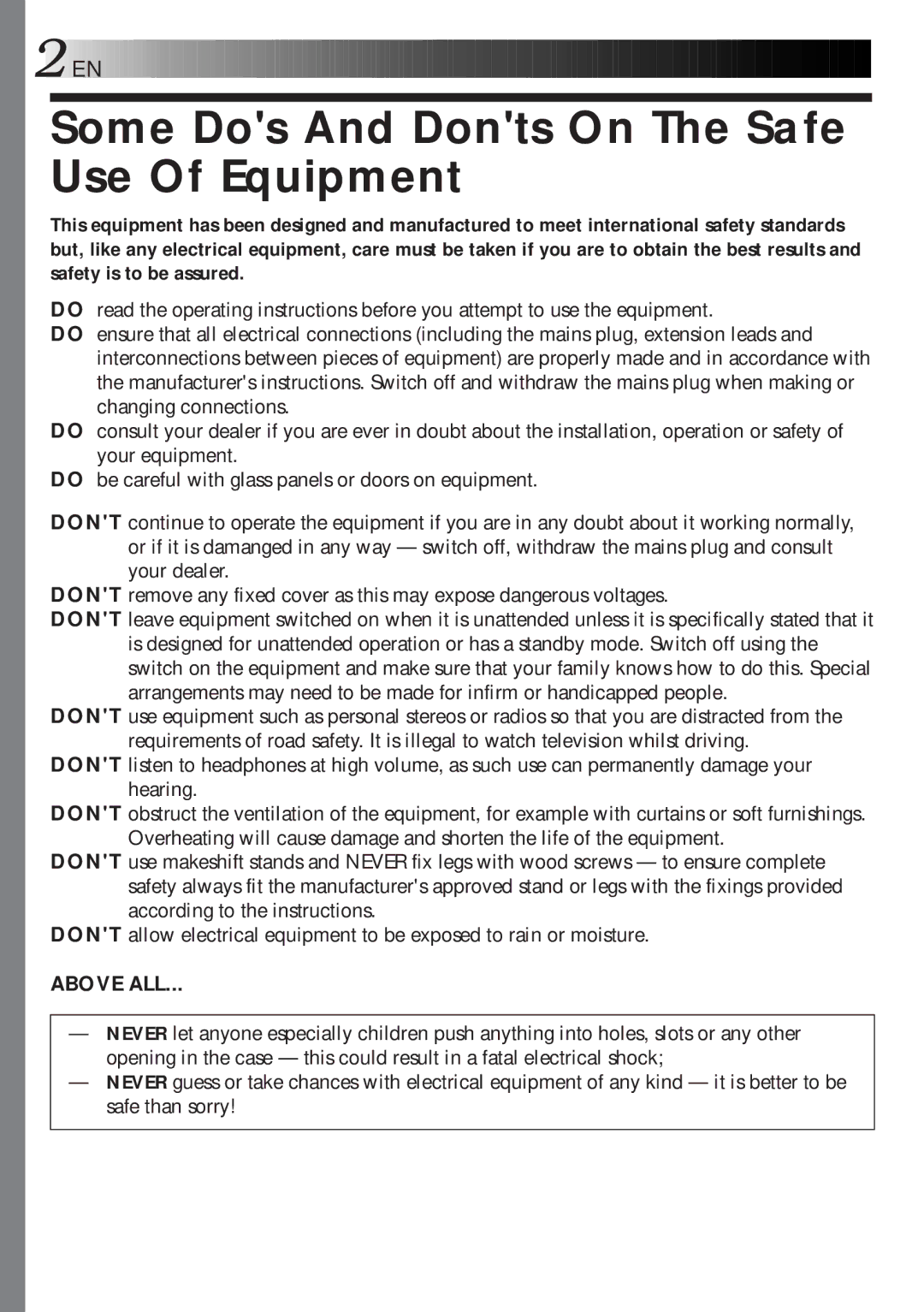 JVC GV-HT1 manual Some Dos And Donts On The Safe Use Of Equipment, Above ALL 