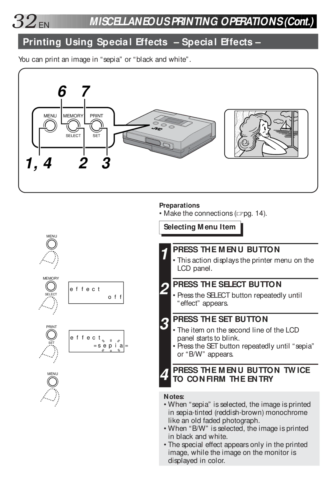 JVC GV-HT1 manual 32 EN, Printing Using Special Effects Special Effects 