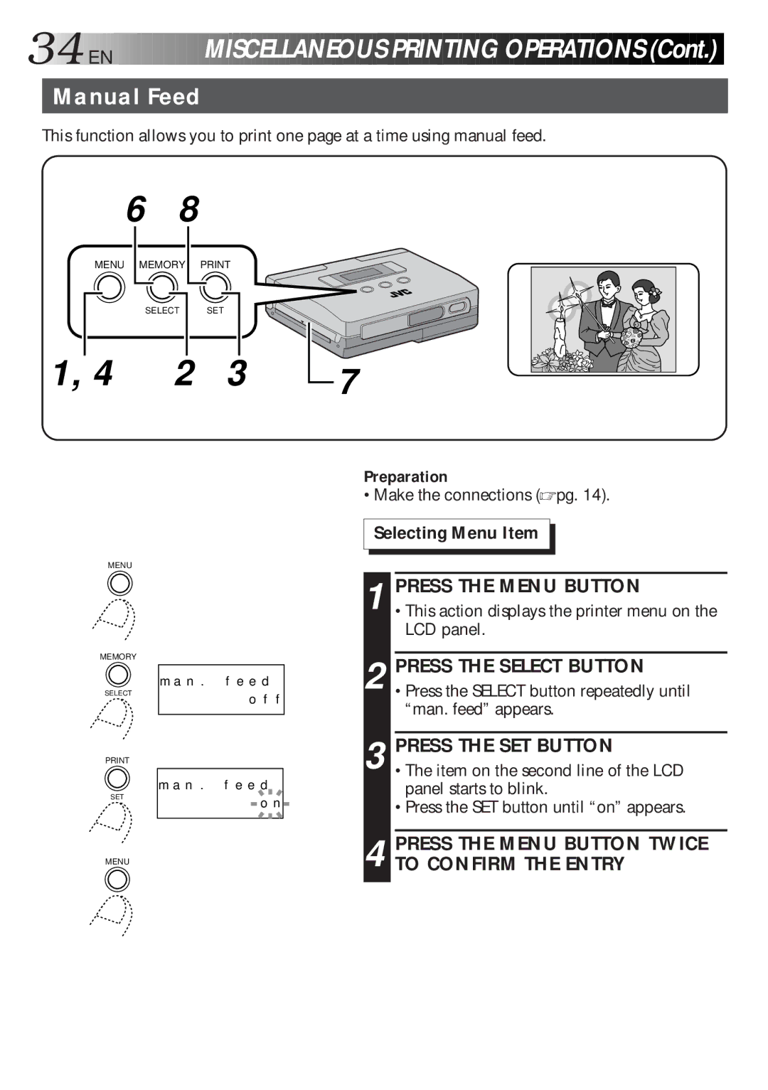 JVC GV-HT1 manual 34 EN, Manual Feed, Preparation 