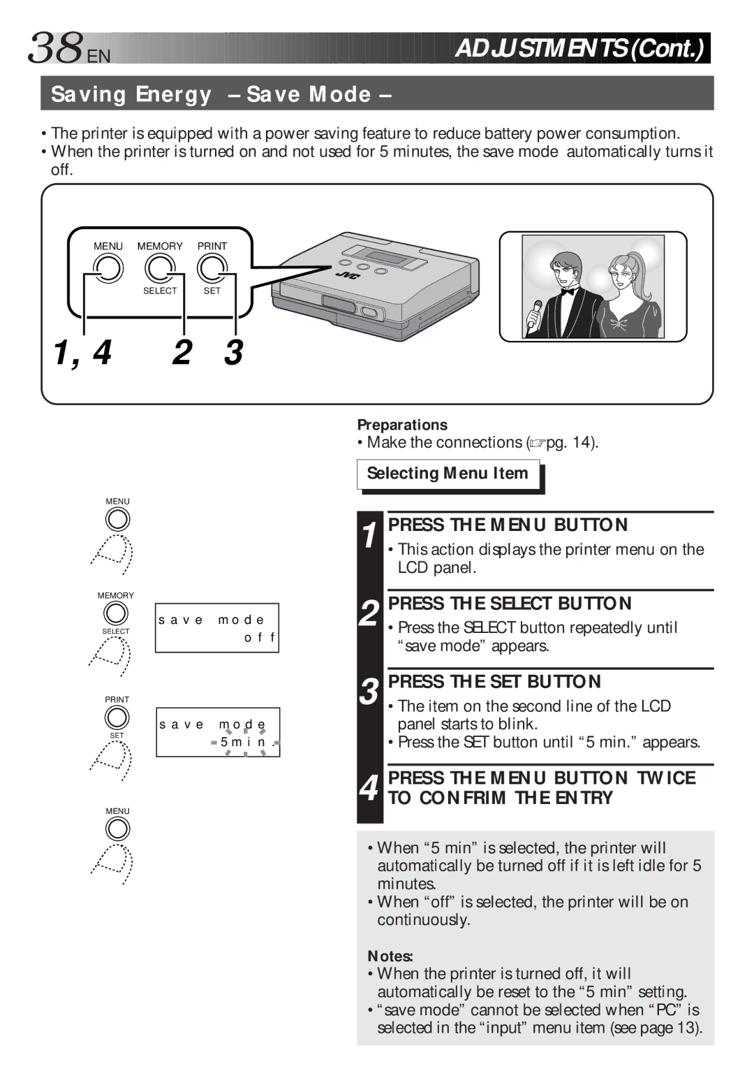 JVC GV-HT1 manual 38 EN, Saving Energy Save Mode, Press the Menu Button Twice to Confrim the Entry 