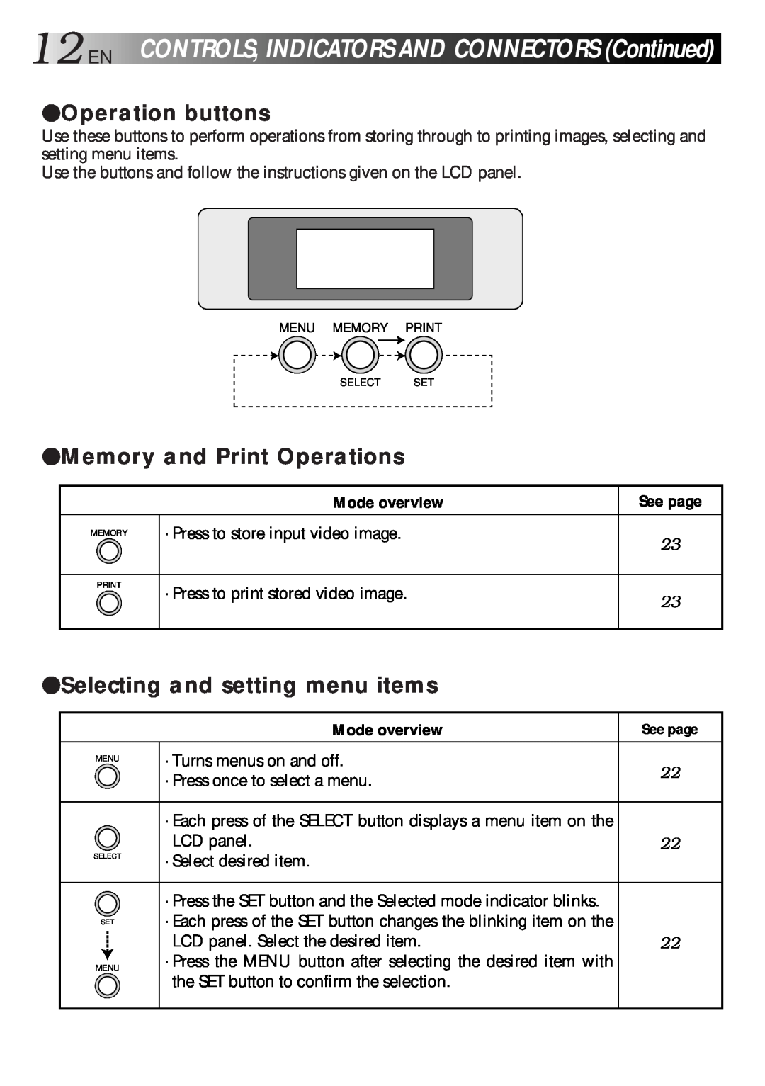 JVC GV-HT1 manual 12EN, Operation buttons, Memory and Print Operations, Selecting and setting menu items 