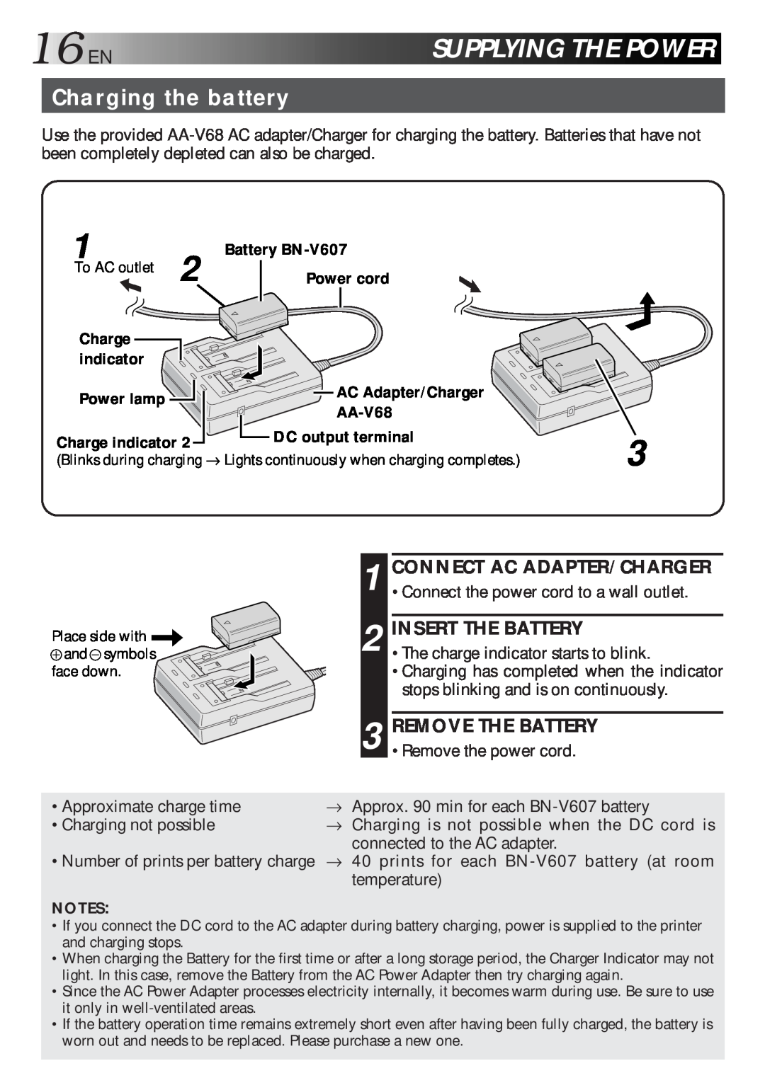 JVC GV-HT1 manual 16ENSUPPLYINGTHEPOWER, Charging the battery, Insert The Battery 