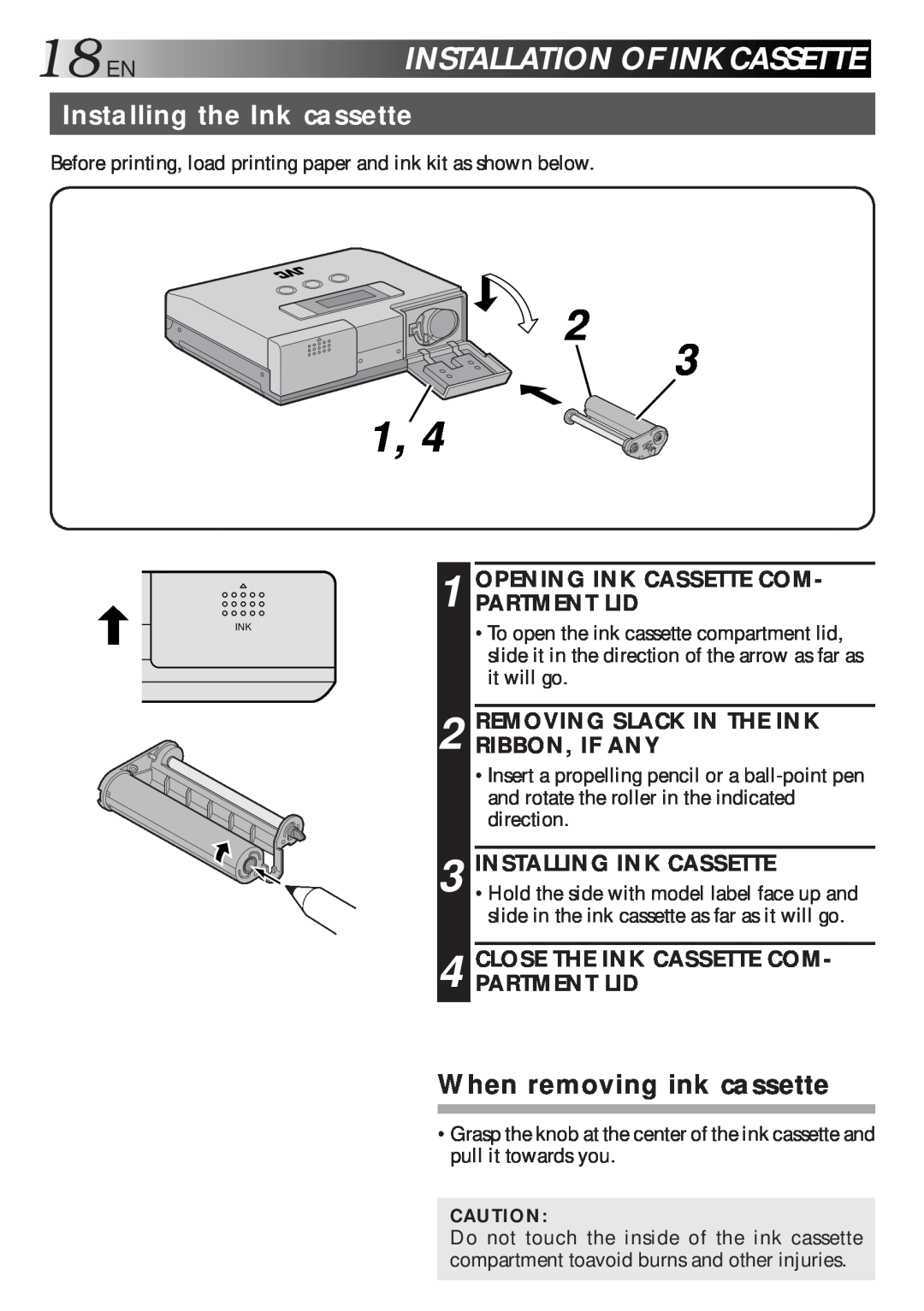 JVC GV-HT1 manual 18EN, Installationofinkcassette, Installing the Ink cassette 