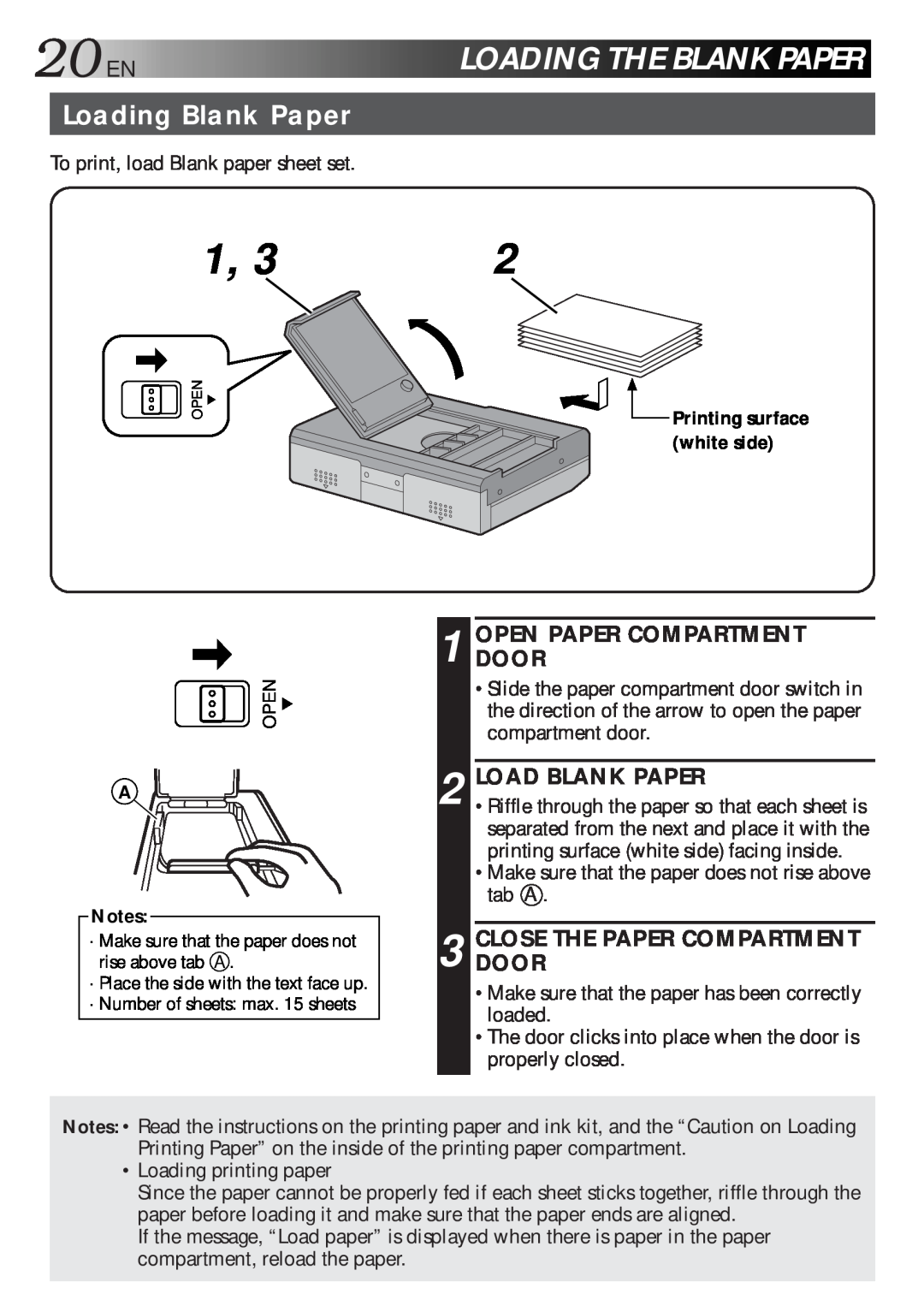JVC GV-HT1 manual 20EN LOADINGTHE BLANKPAPER, Loading Blank Paper, Opendoorpaper Compartment, Load Blank Paper 