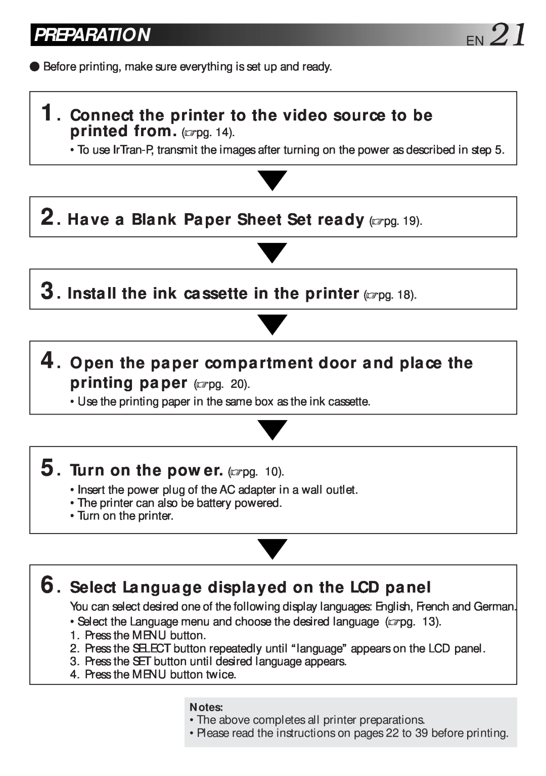 JVC GV-HT1 manual Preparation En, Connect the printer to the video source to be printed from. pg, Turn on the power. pg 
