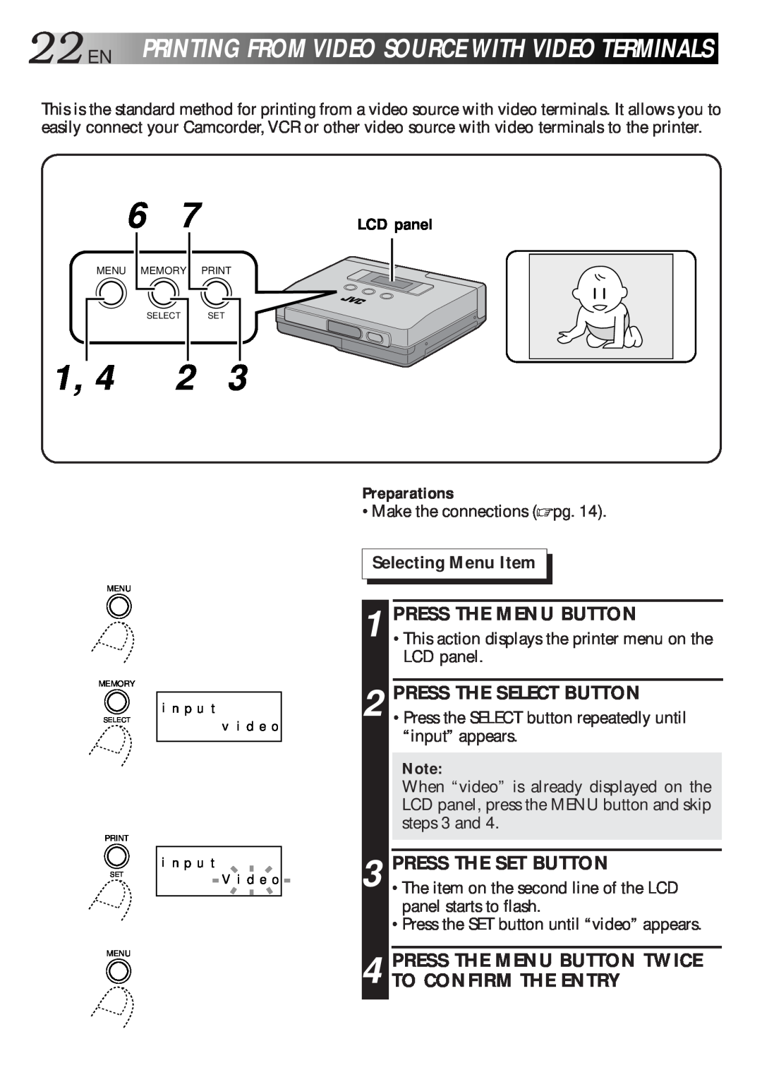 JVC GV-HT1 manual 22EN, Printingfromvideosourcewithvideoterminals, Selecting Menu Item, Press The Menu Button 