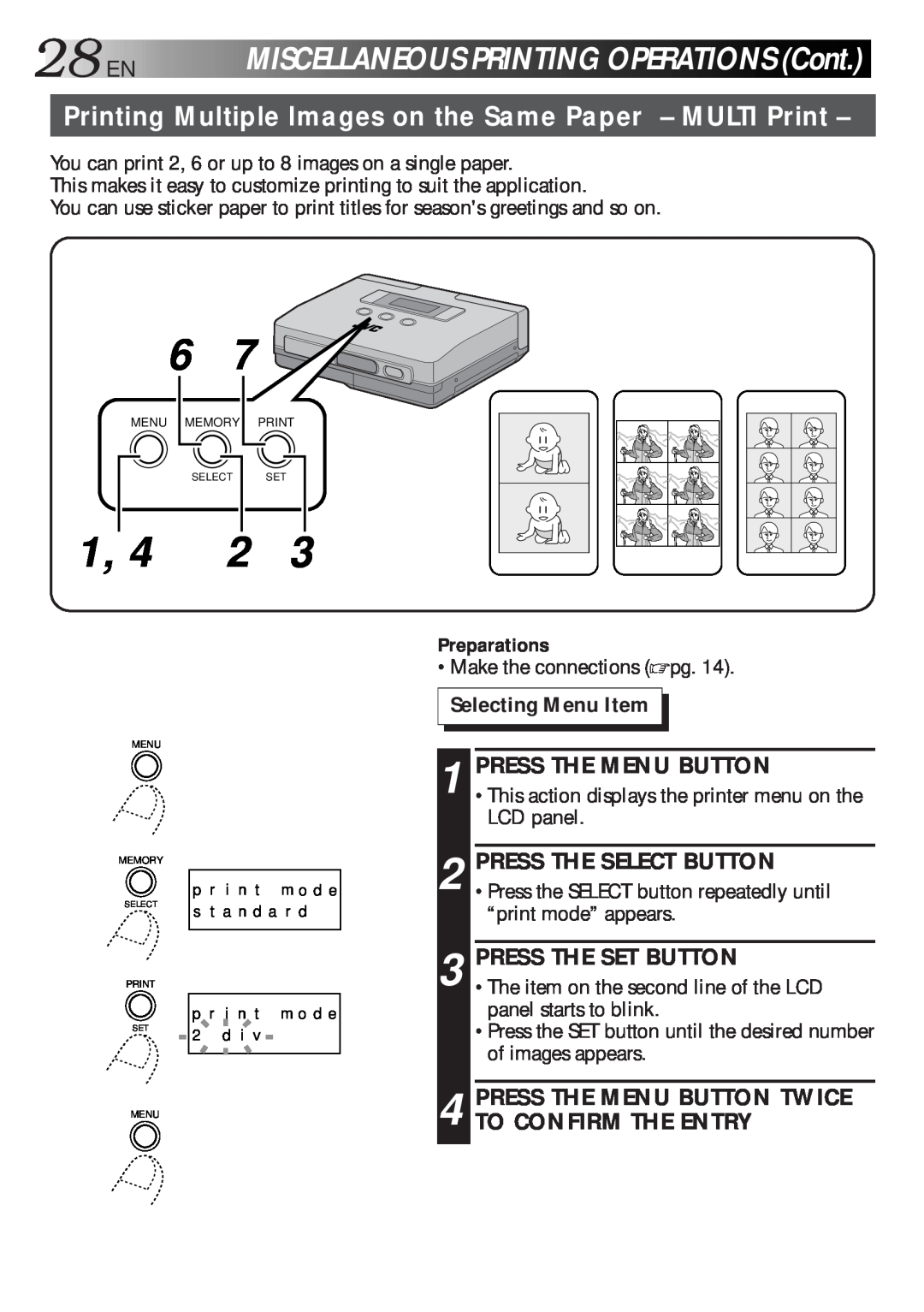 JVC GV-HT1 manual 28EN, MISCELLANEOUSPRINTINGOPERATIONSCont, Printing Multiple Images on the Same Paper - MULTI Print 