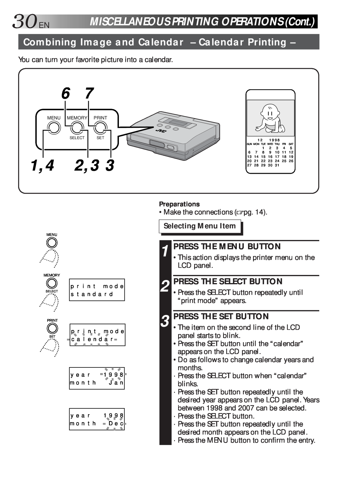 JVC GV-HT1 manual 30EN, Combining Image and Calendar - Calendar Printing, 1,4 2,3, MISCELLANEOUSPRINTINGOPERATIONSCont 