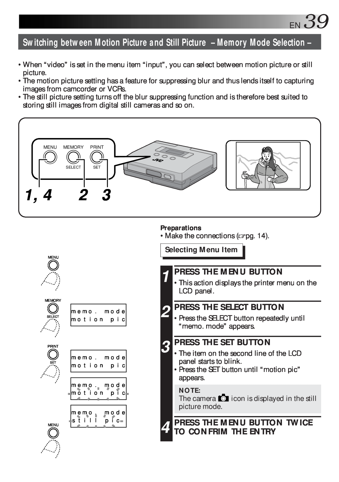 JVC GV-HT1 manual Selecting Menu Item, Press The Menu Button, Press The Set Button 