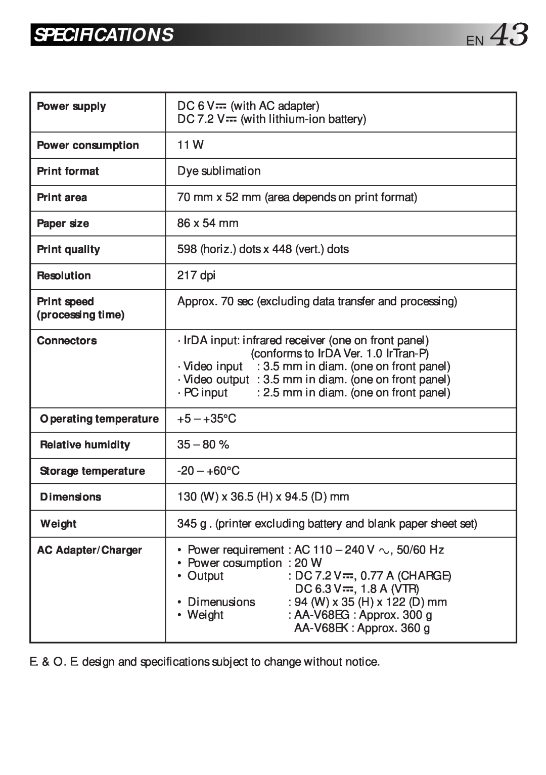 JVC GV-HT1 manual Specifications, Operating temperature 