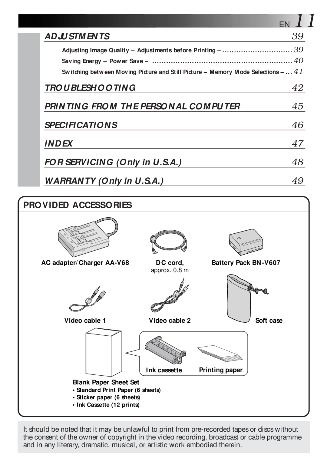 JVC GV-HT1U manual DC cord, Ink cassette, Blank Paper Sheet Set 