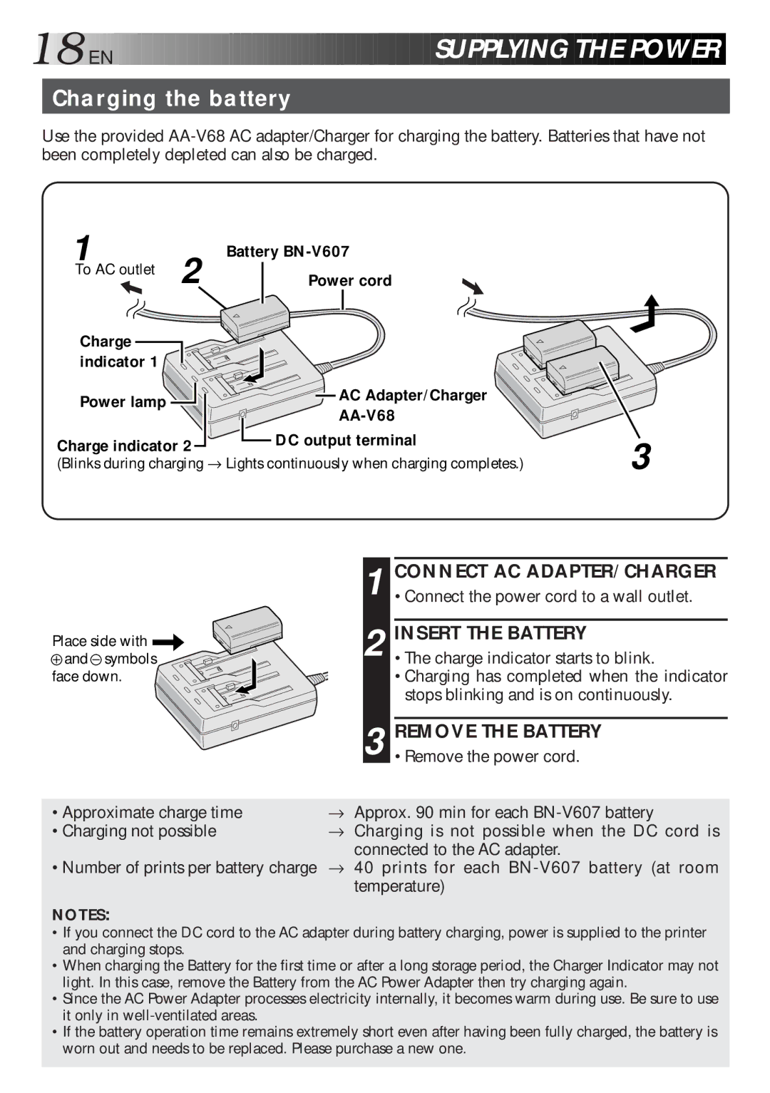 JVC GV-HT1U manual Charging the battery, Insert the Battery, Battery BN-V607 