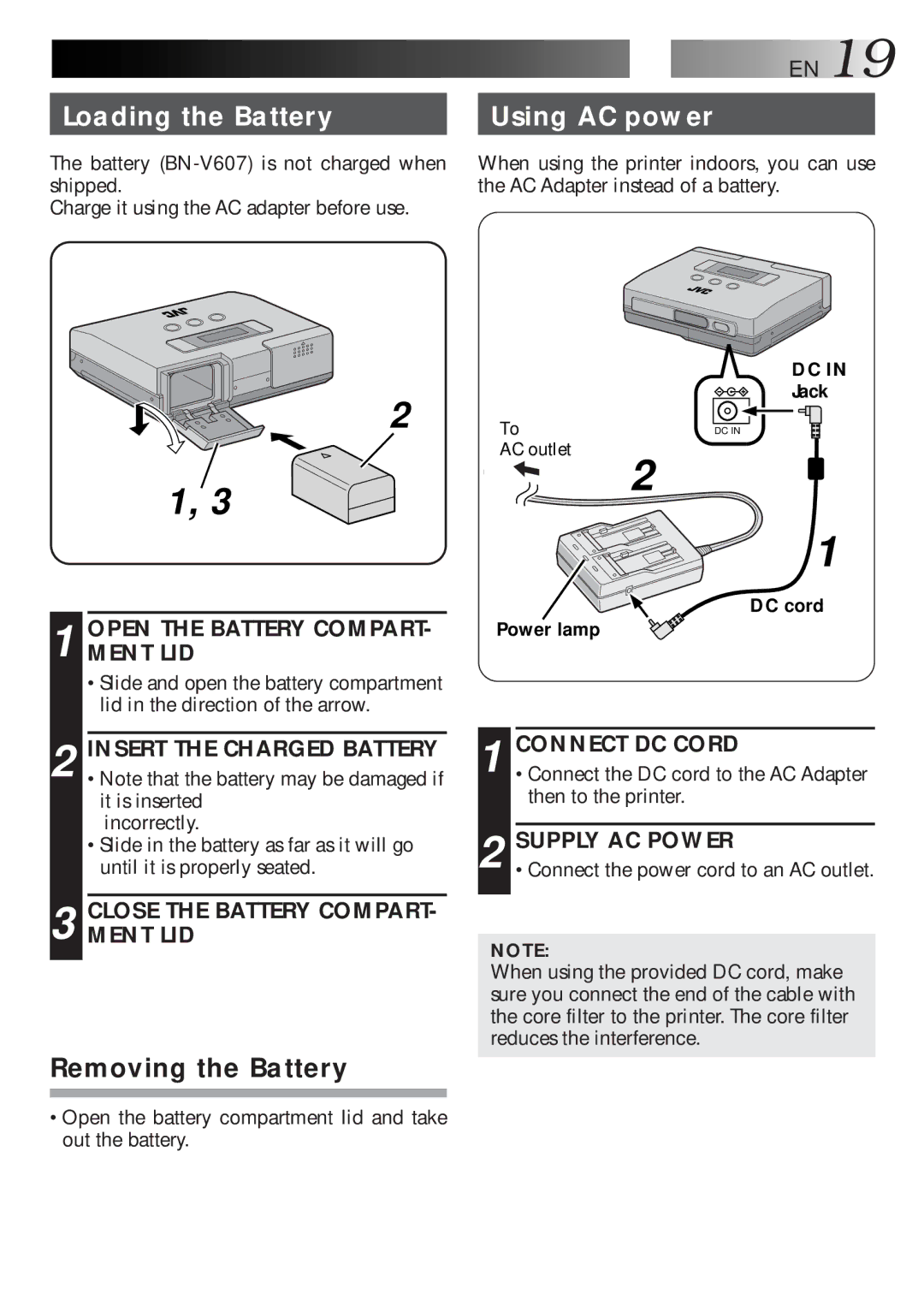 JVC GV-HT1U Loading the Battery Using AC power, Open the Battery COMPART- Ment LID, Close the Battery COMPART- Ment LID 