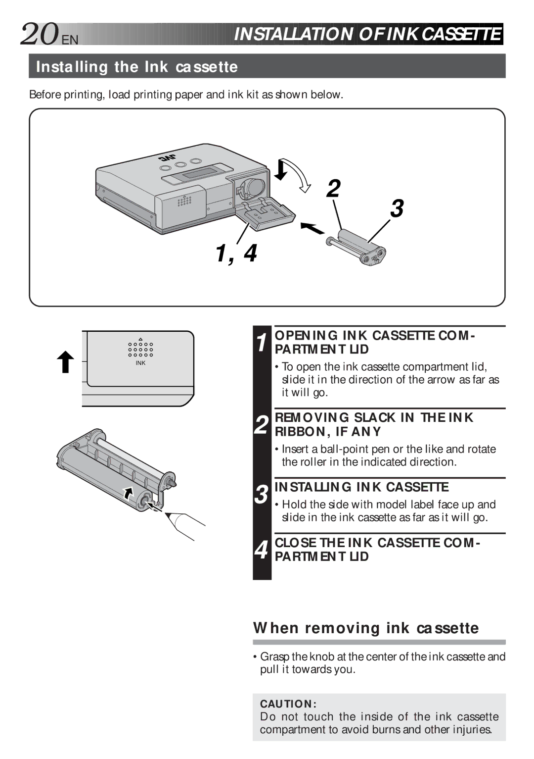 JVC GV-HT1U manual 20 EN, Installing the Ink cassette 