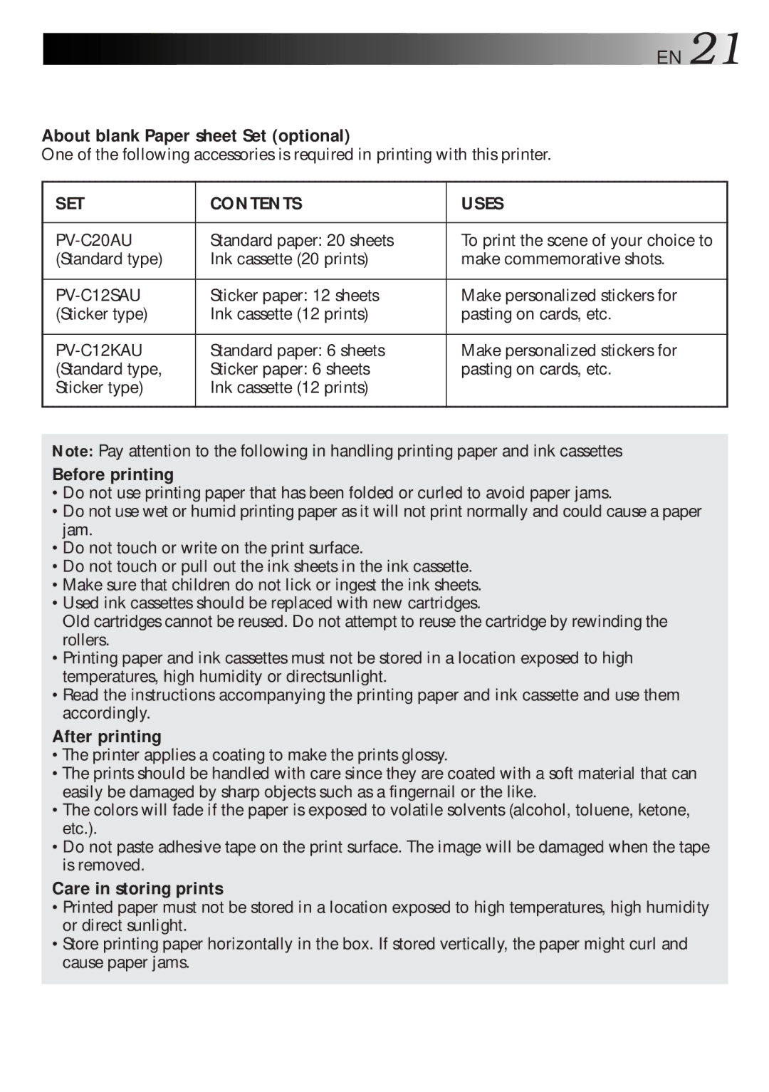 JVC GV-HT1U manual About blank Paper sheet Set optional 