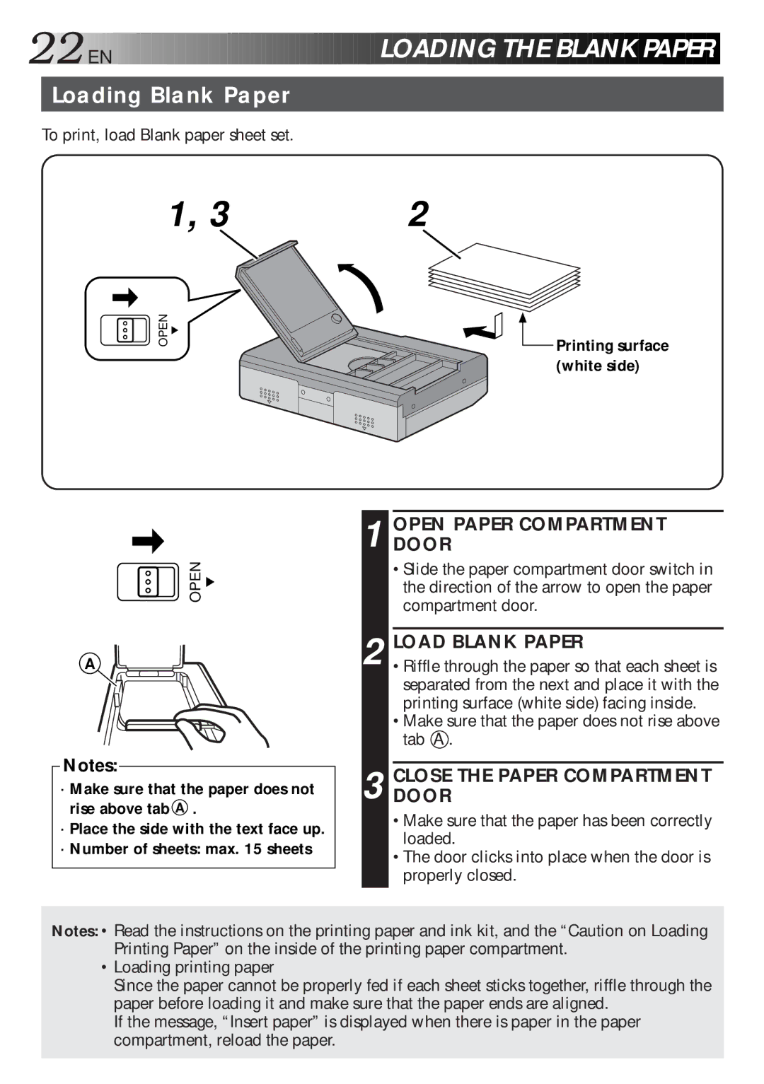 JVC GV-HT1U manual Loading Blank Paper, Opendoorpaper Compartment, Load Blank Paper, Closedoor the Paper Compartment 