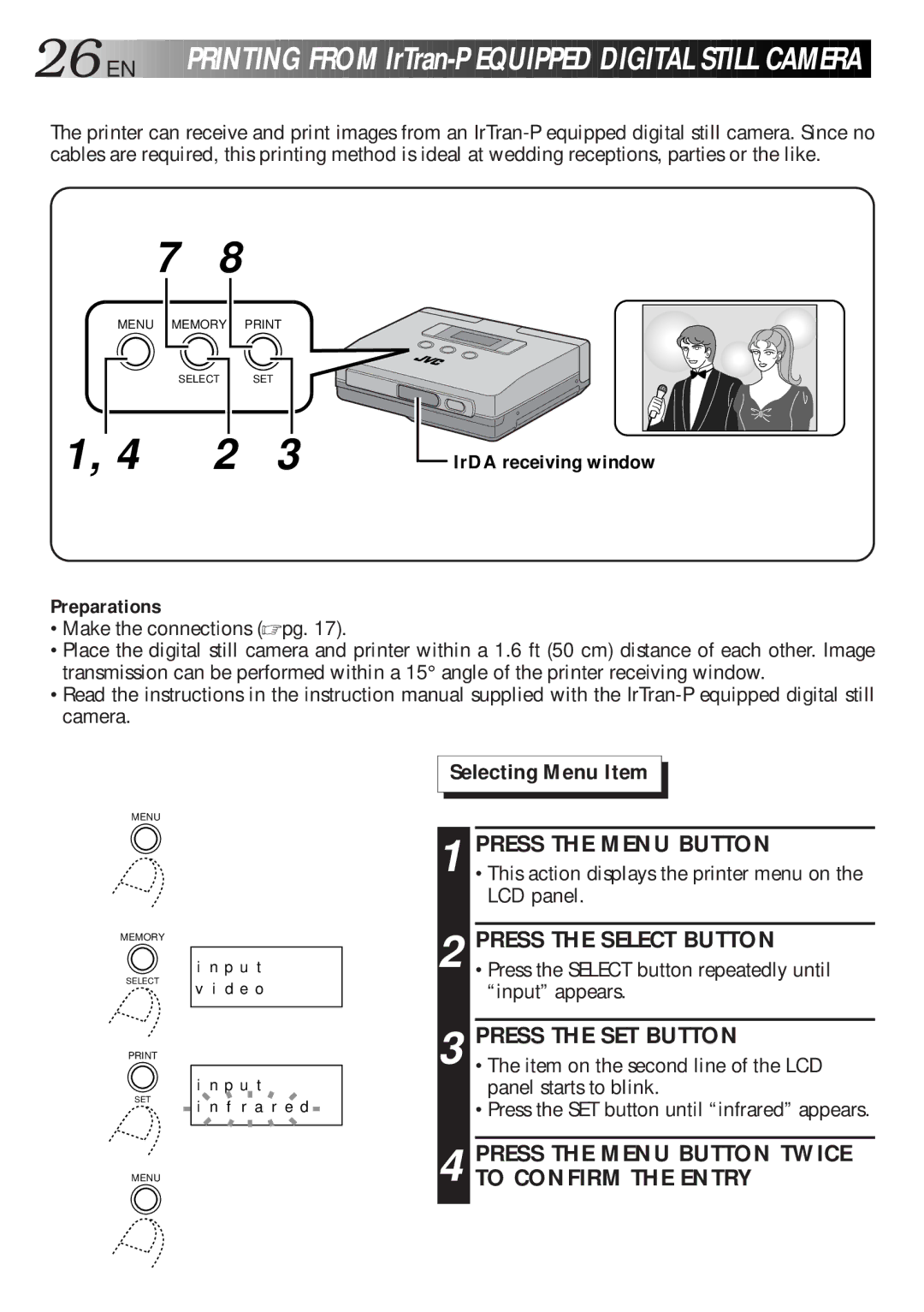 JVC GV-HT1U manual 26 EN, IrDA receiving window Preparations 