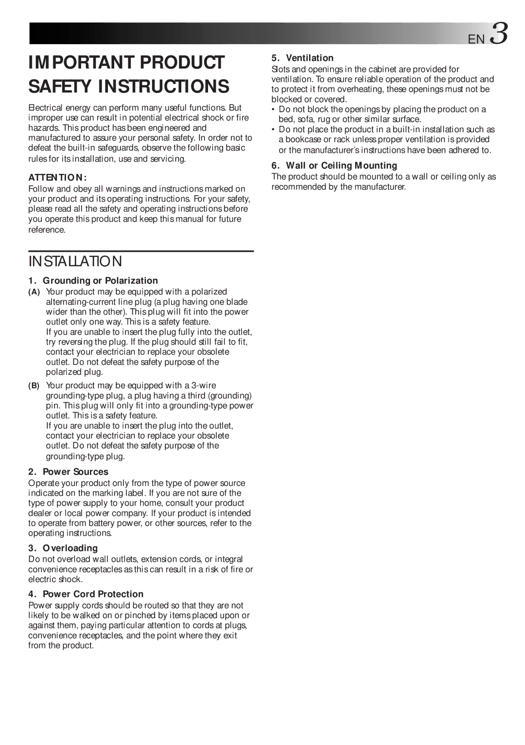 JVC GV-HT1U manual Important Product Safety Instructions 