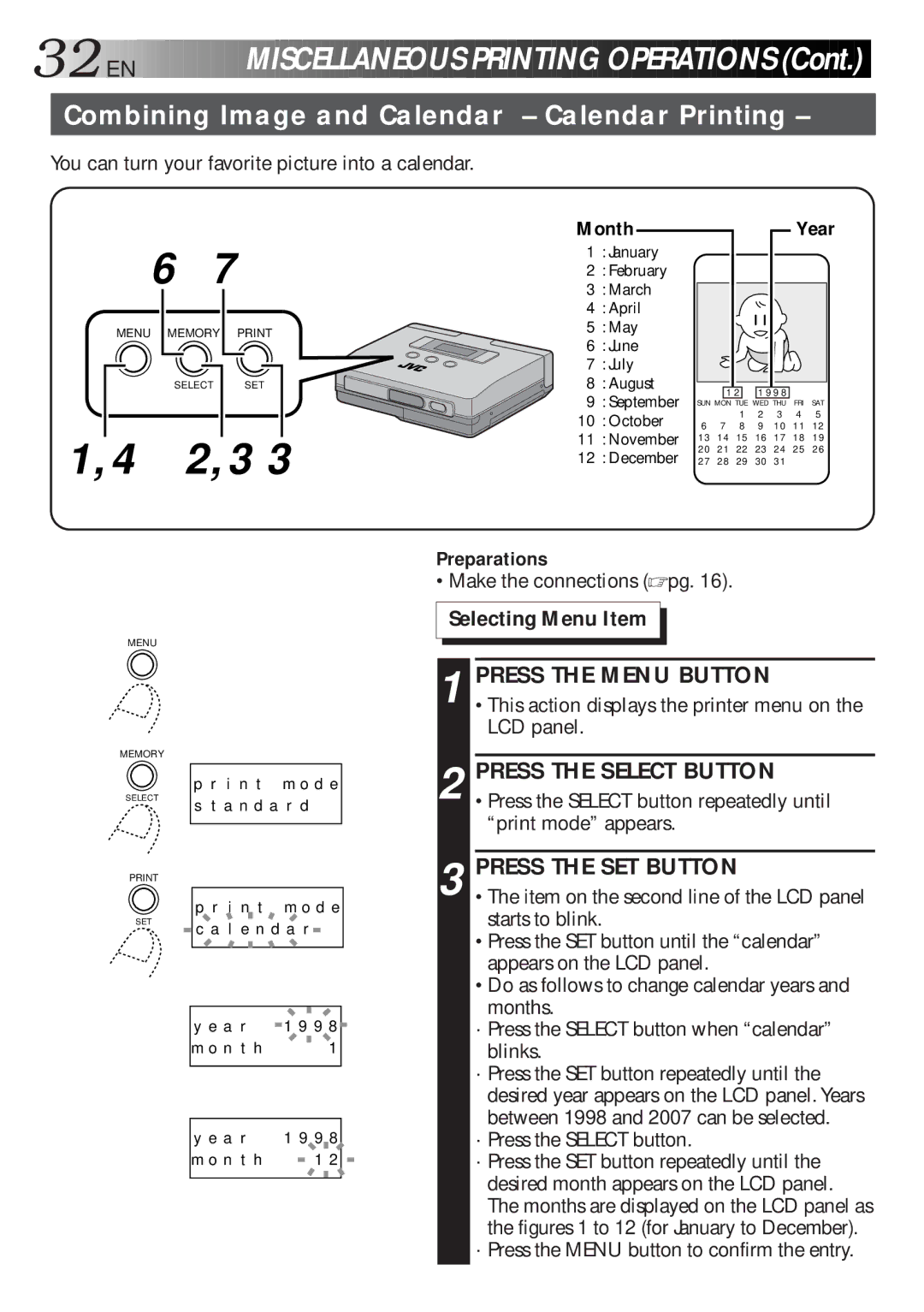 JVC GV-HT1U manual 32 EN, Combining Image and Calendar Calendar Printing, Month 