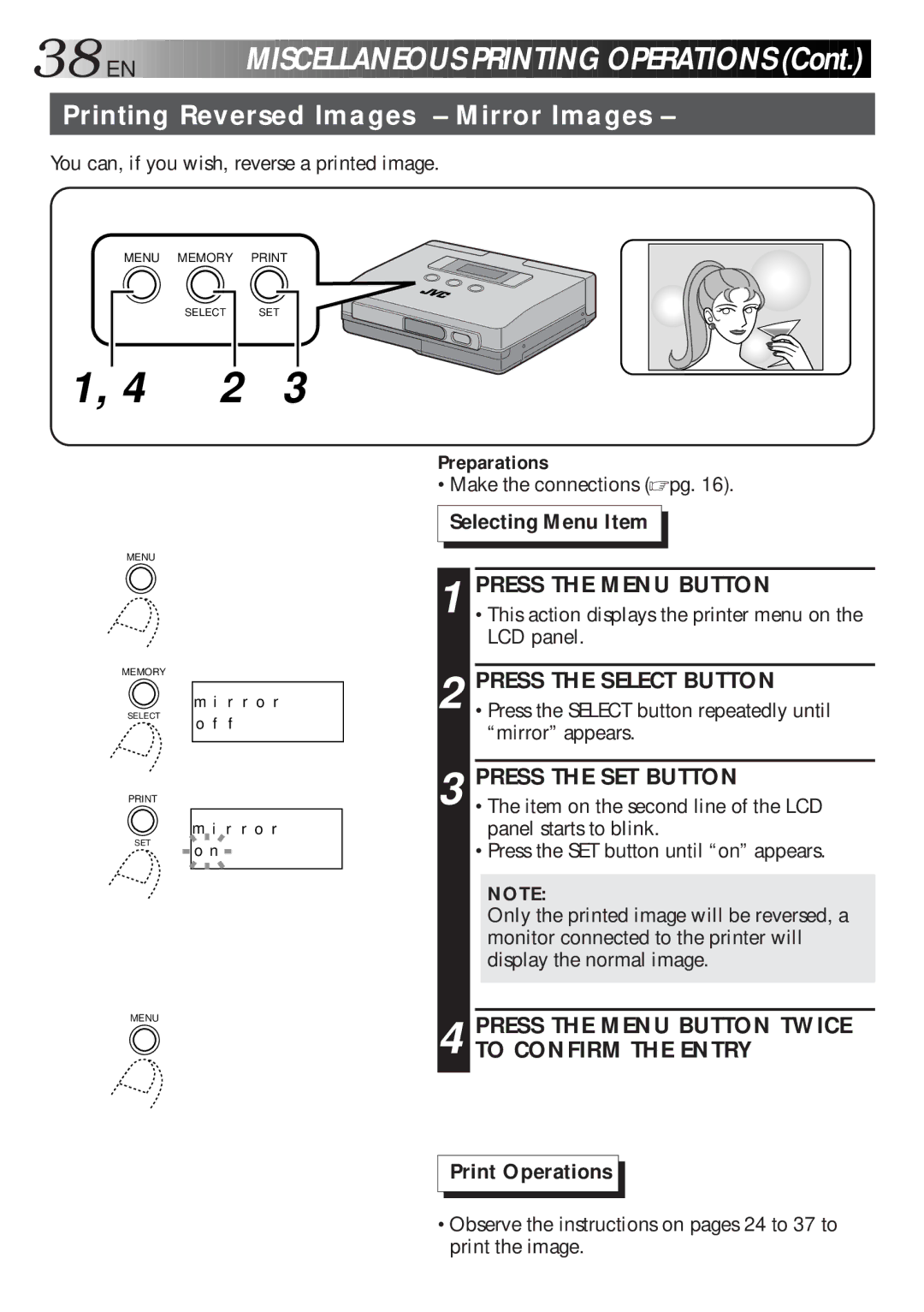 JVC GV-HT1U manual 38 EN, Printing Reversed Images Mirror Images 