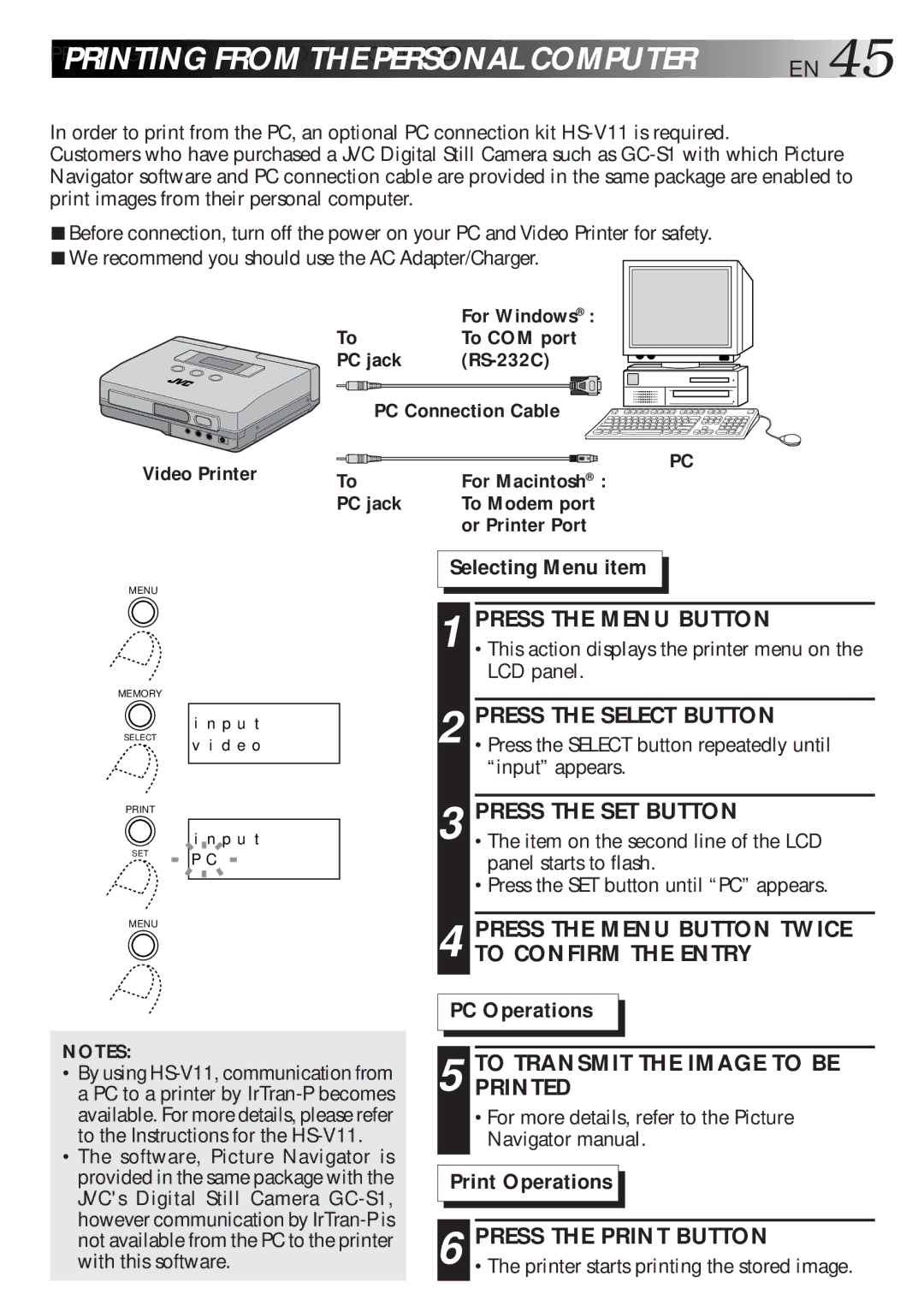 JVC GV-HT1U Toprintedtransmit the Image to be, For Windows, To COM port, PC jack RS-232C PC Connection Cable Video Printer 