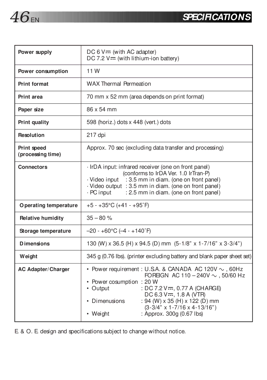 JVC GV-HT1U Power supply, Power consumption, Print format, Print area, Paper size, Print quality, Resolution, Print speed 