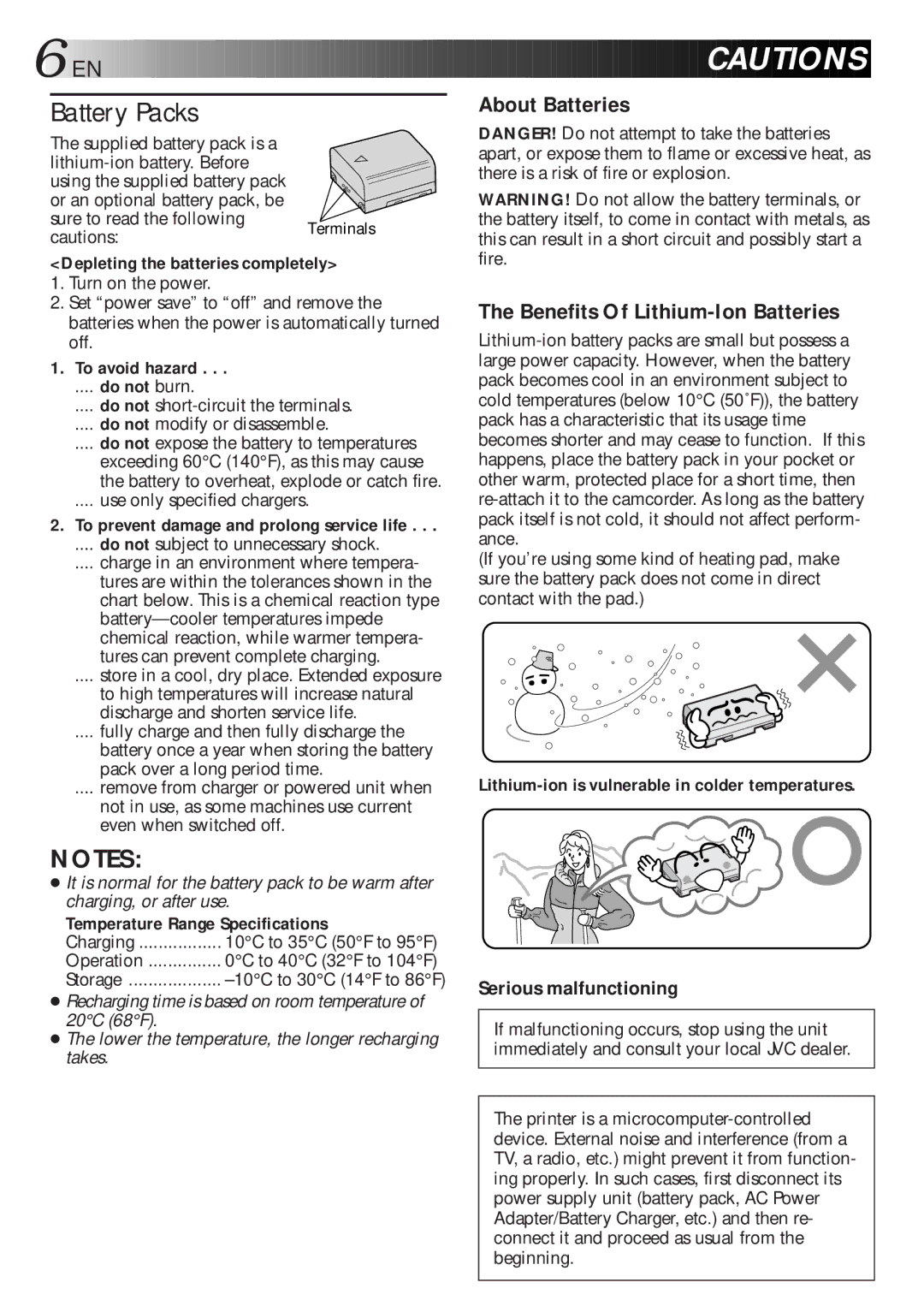 JVC GV-HT1U manual Battery Packs, Serious malfunctioning 