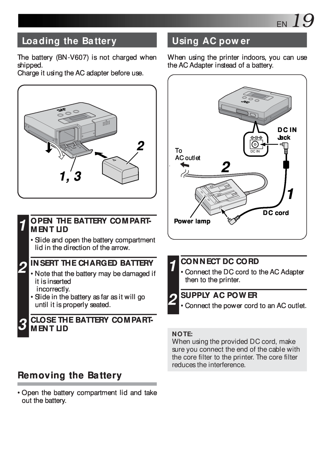 JVC GV-HT1U Loading the Battery, Using AC power, Open The Battery Compart- Ment Lid, Close The Battery Compart- Ment Lid 