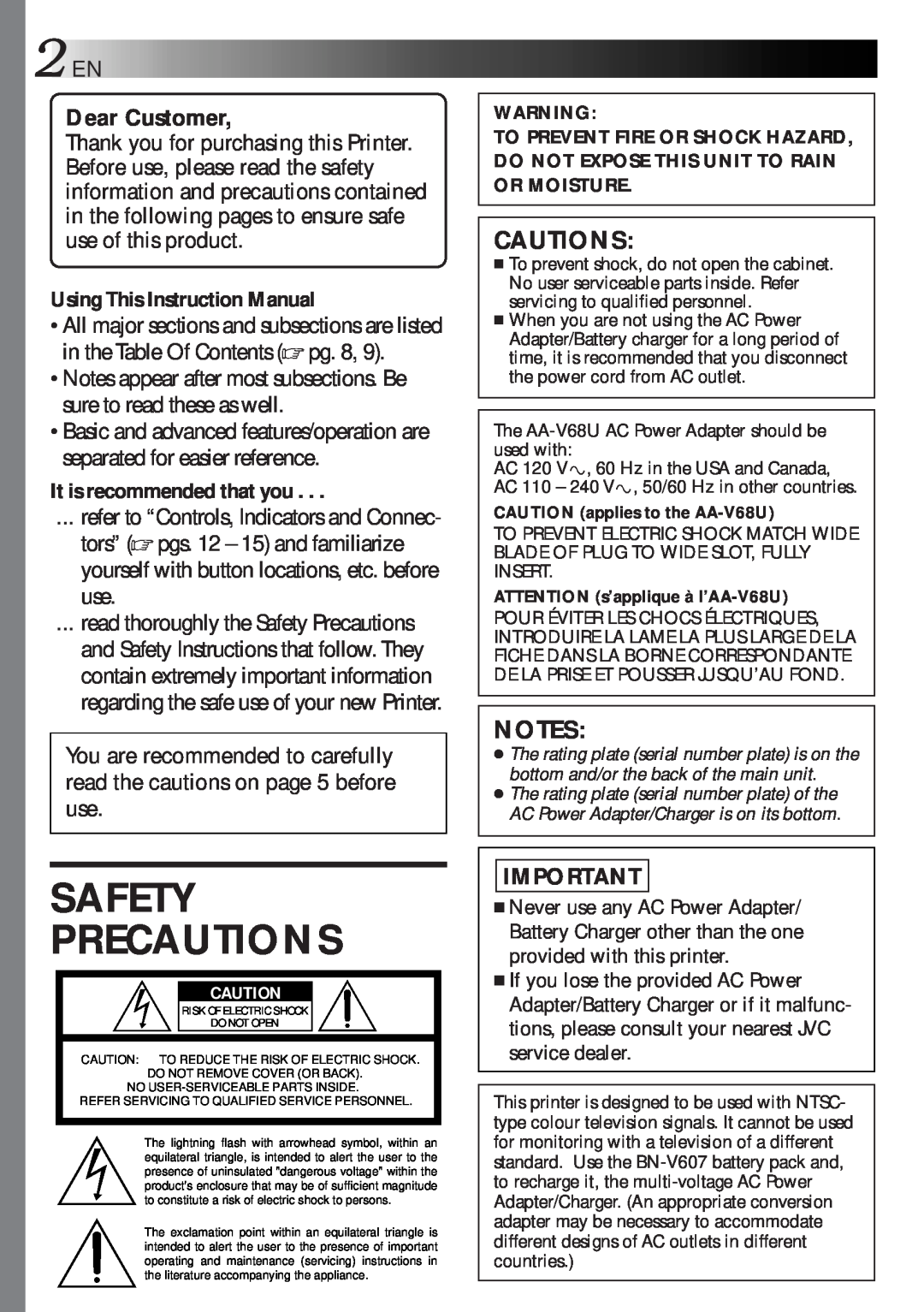JVC GV-HT1U manual Safety Precautions, Dear Customer, Cautions, Using This Instruction Manual, It is recommended that you 