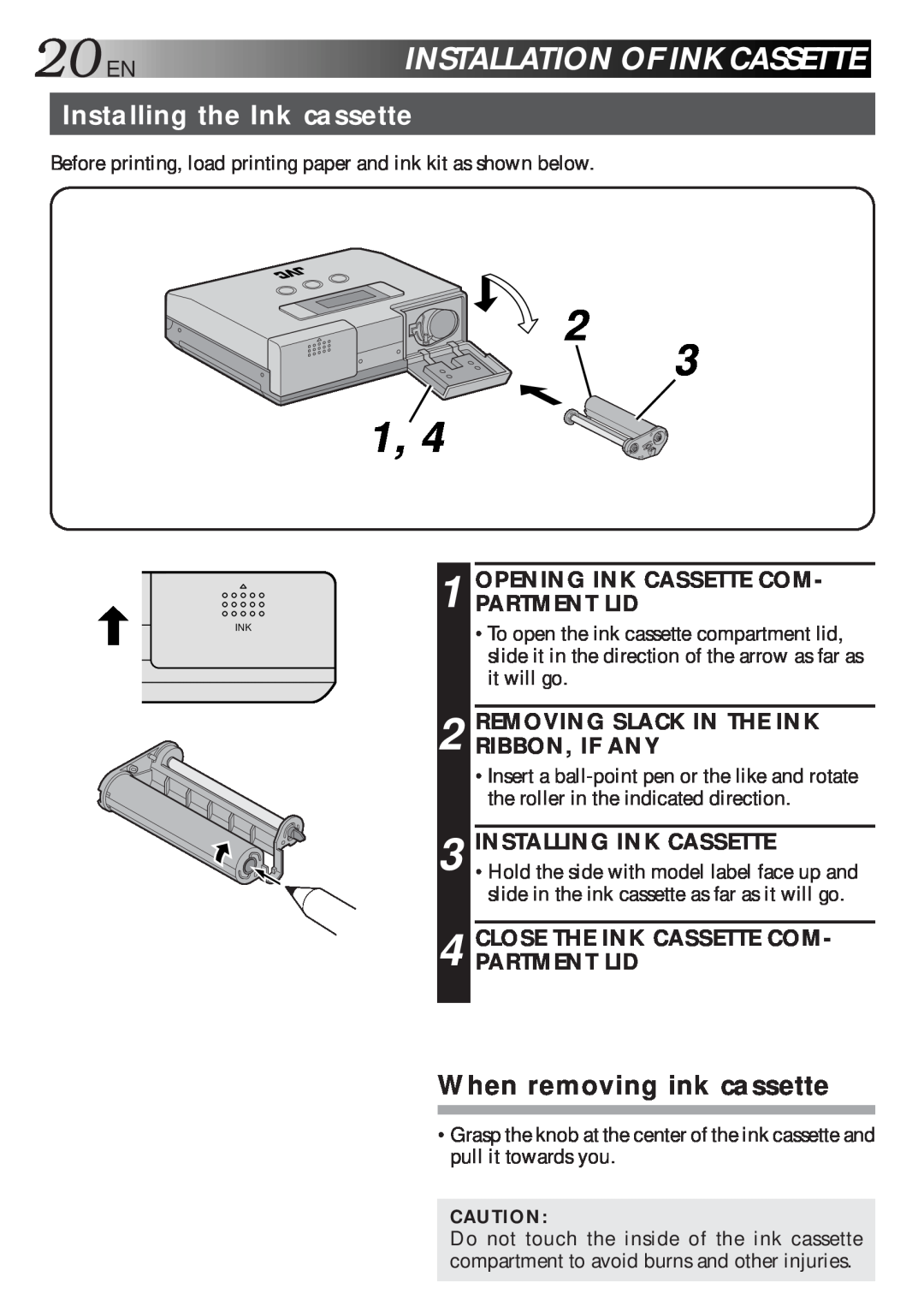 JVC GV-HT1U manual 20EN, Installationofinkcassette, Installing the Ink cassette 
