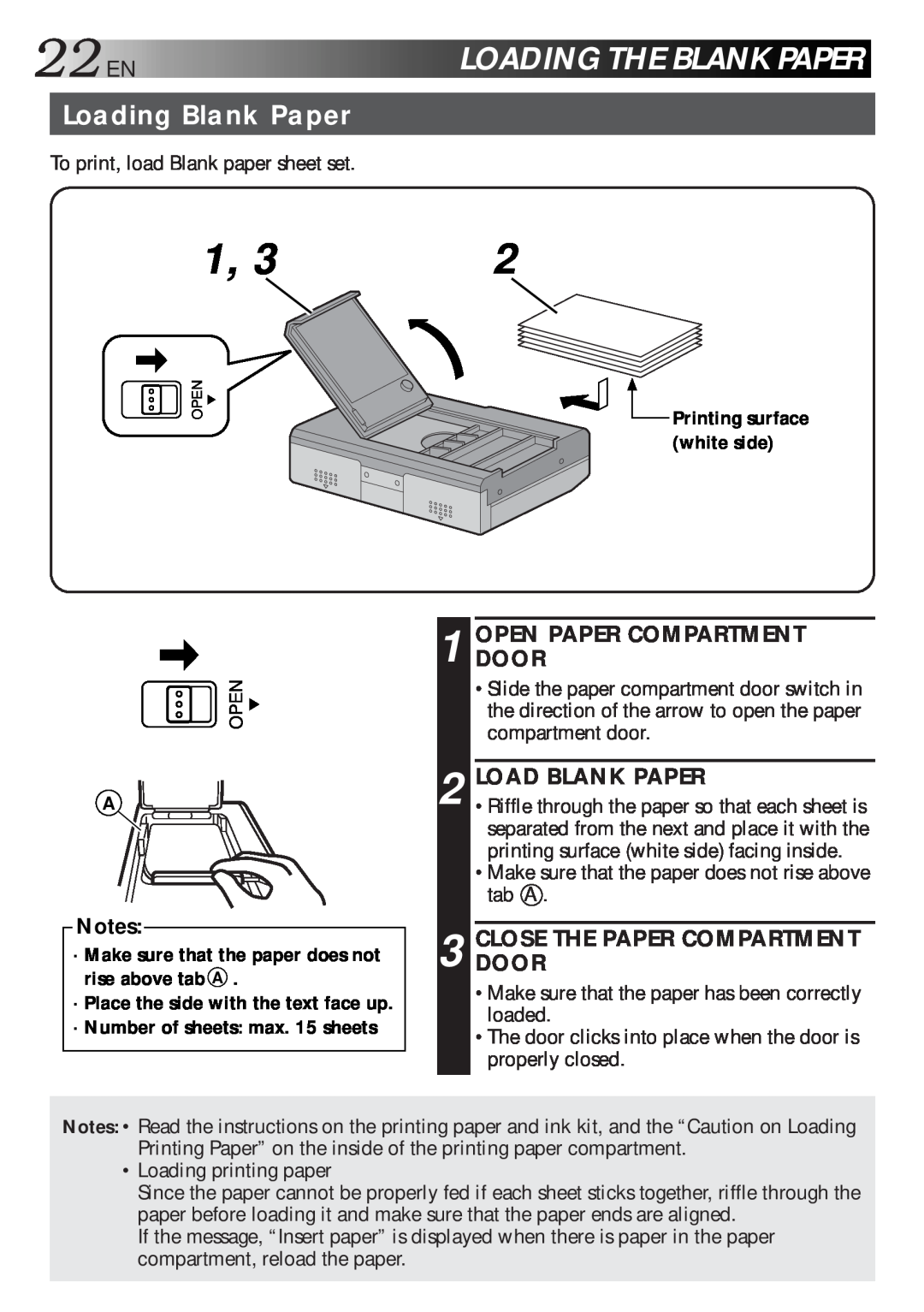 JVC GV-HT1U manual 22EN LOADINGTHE BLANKPAPER, Loading Blank Paper, Opendoorpaper Compartment, Load Blank Paper 