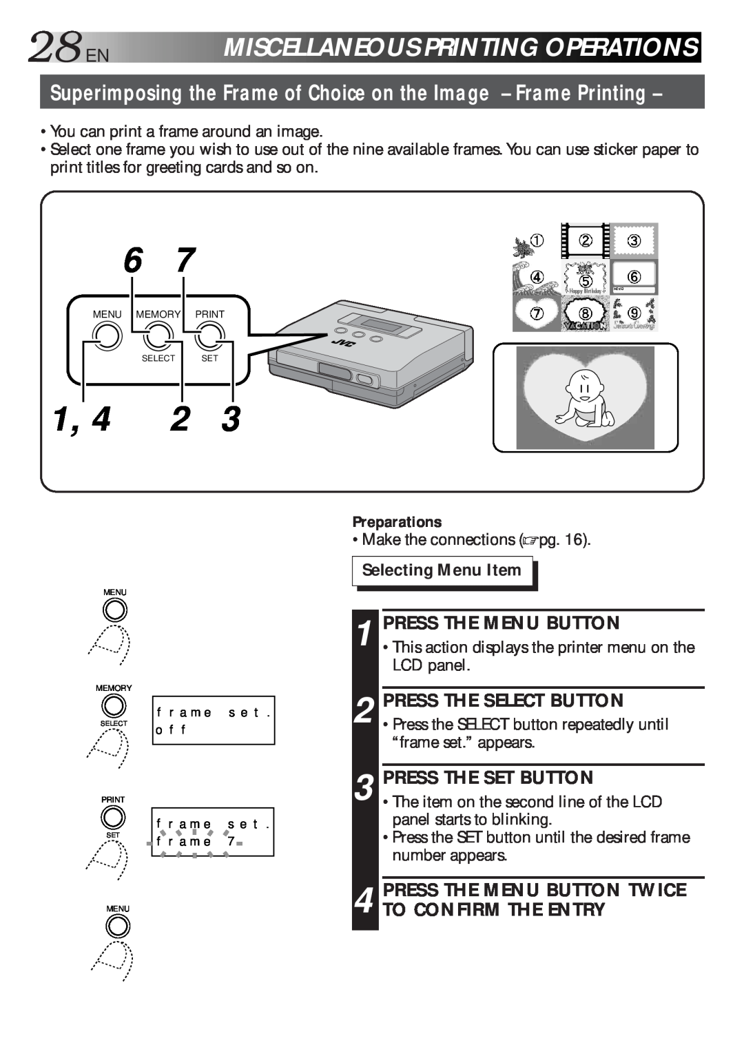 JVC GV-HT1U manual 28EN, Miscellaneousprintingoperations, Superimposing the Frame of Choice on the Image - Frame Printing 