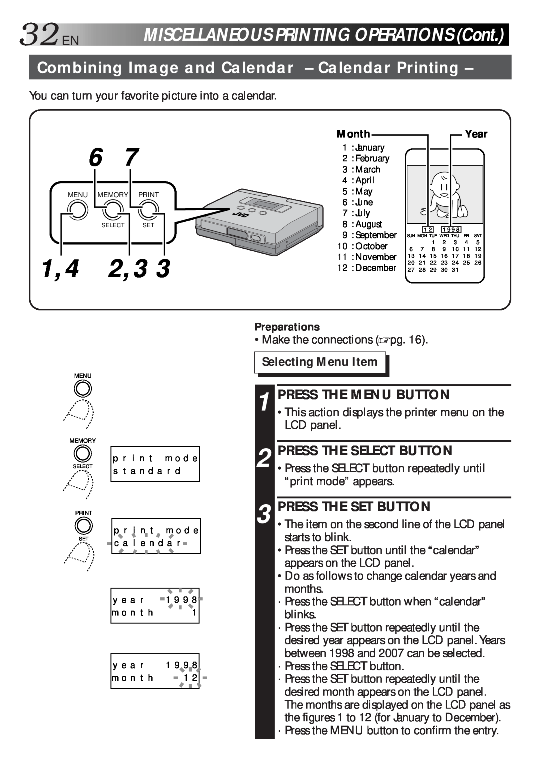 JVC GV-HT1U manual 32EN, Combining Image and Calendar - Calendar Printing, 1,4 2,3, MISCELLANEOUSPRINTINGOPERATIONSCont 
