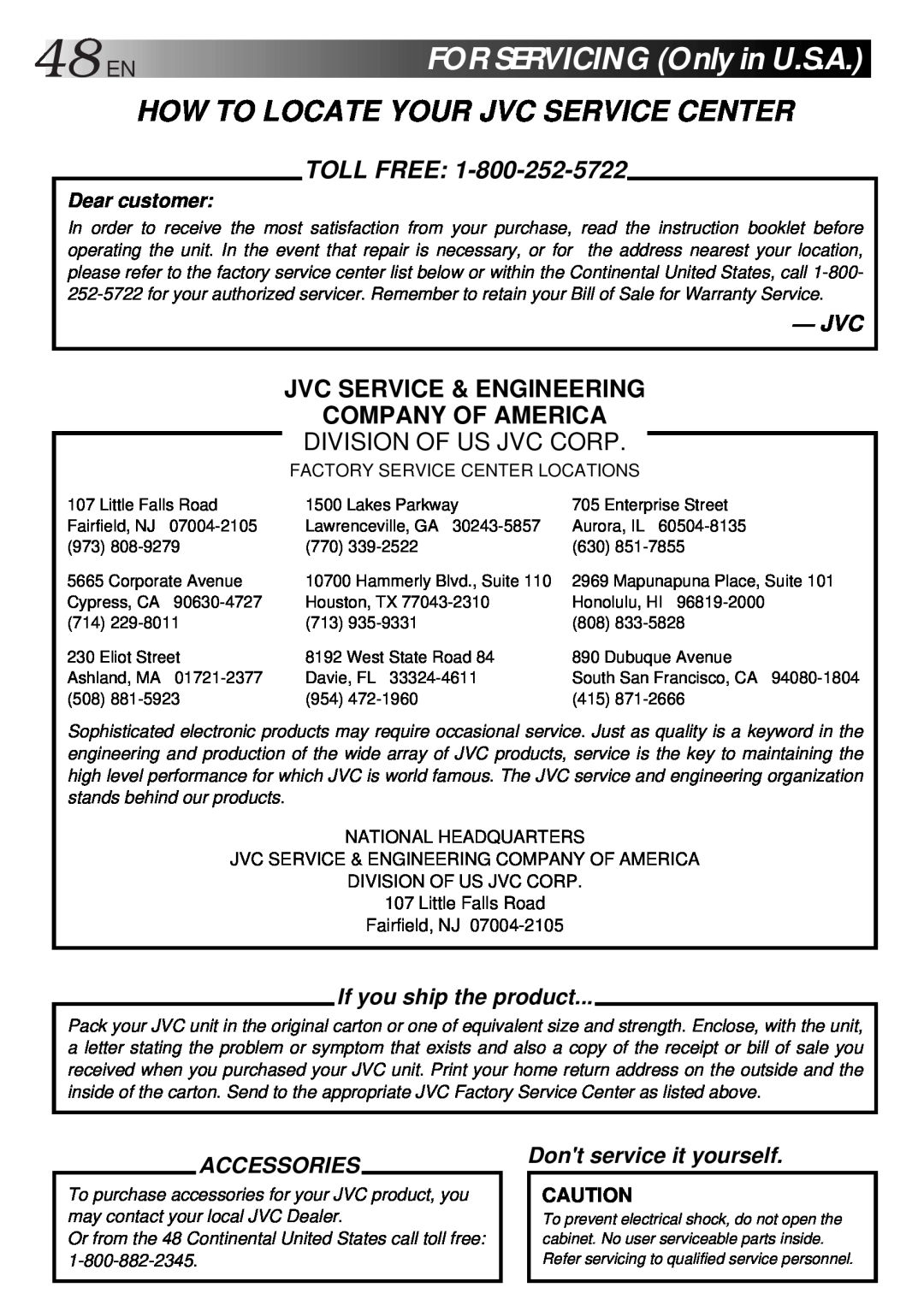 JVC GV-HT1U manual 48ENFORSERVICINGOnlyinU.S.A, How To Locate Your Jvc Service Center, Toll Free, Division Of Us Jvc Corp 